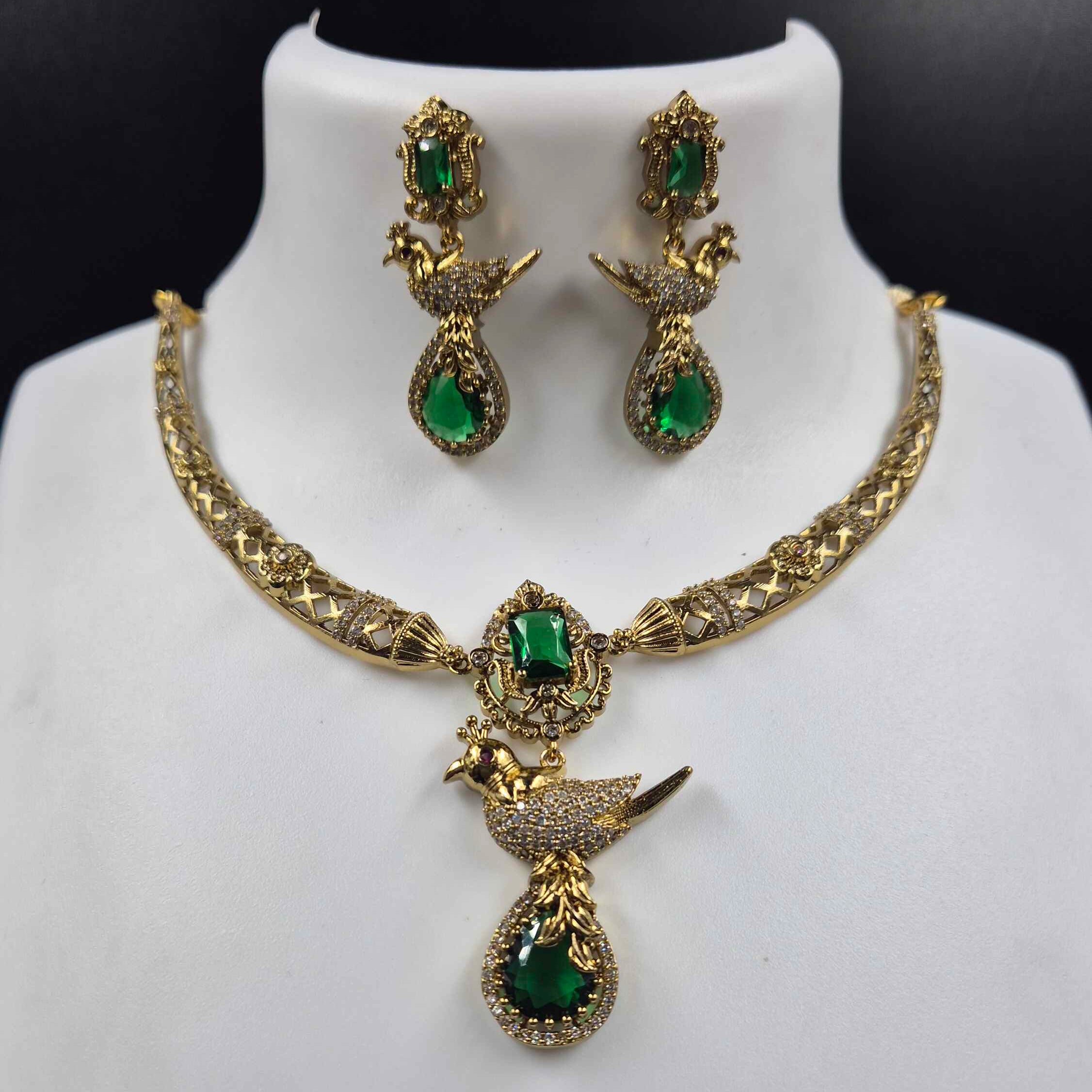 Emerald Green Peacock Pendant Necklace Set | Designer Antique Gold Statement Jewelry