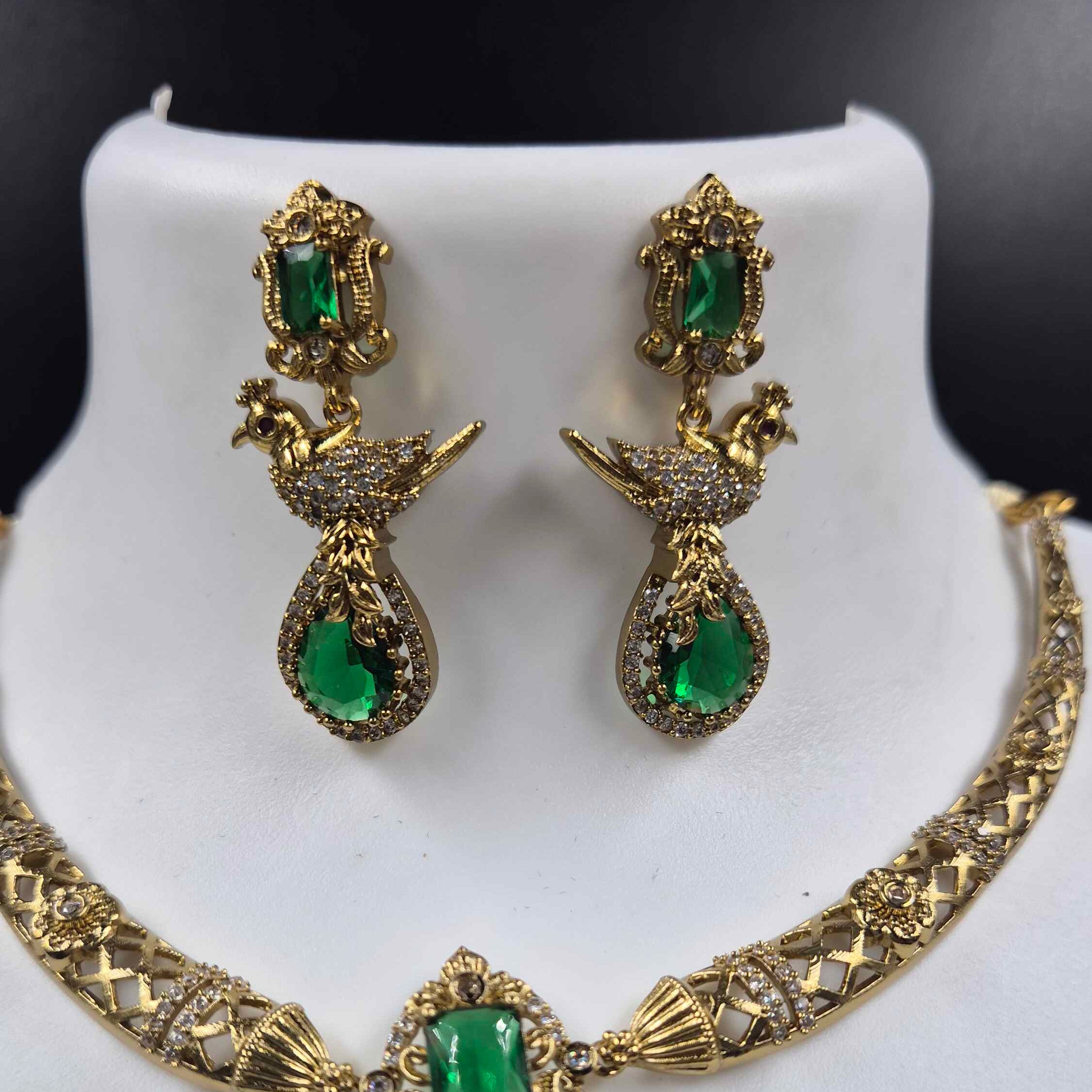 Emerald Green Peacock Pendant Necklace Set | Designer Antique Gold Statement Jewelry