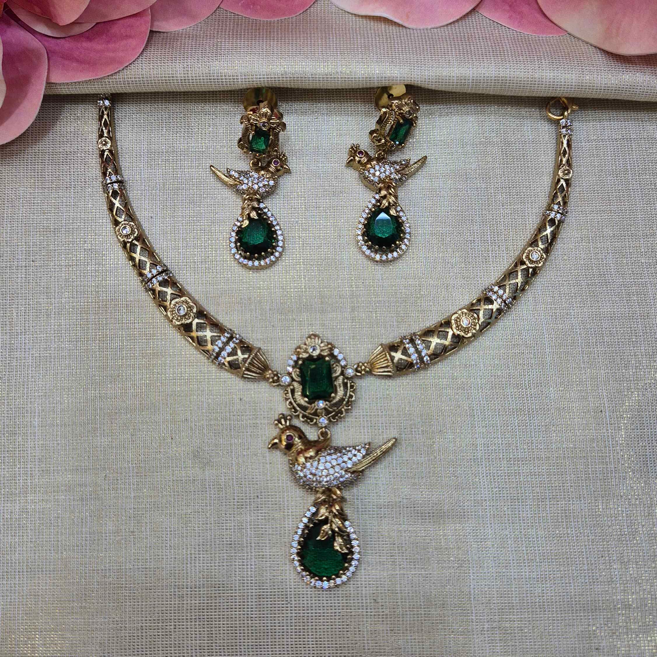 Emerald Green Peacock Pendant Necklace Set | Designer Antique Gold Statement Jewelry