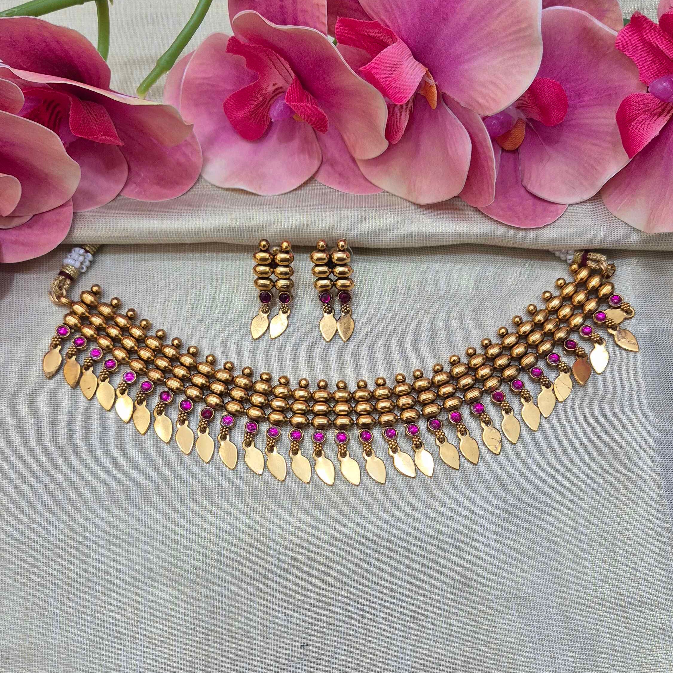 Traditional Elakkathali Choker Necklace Set with Pink Stone Drops