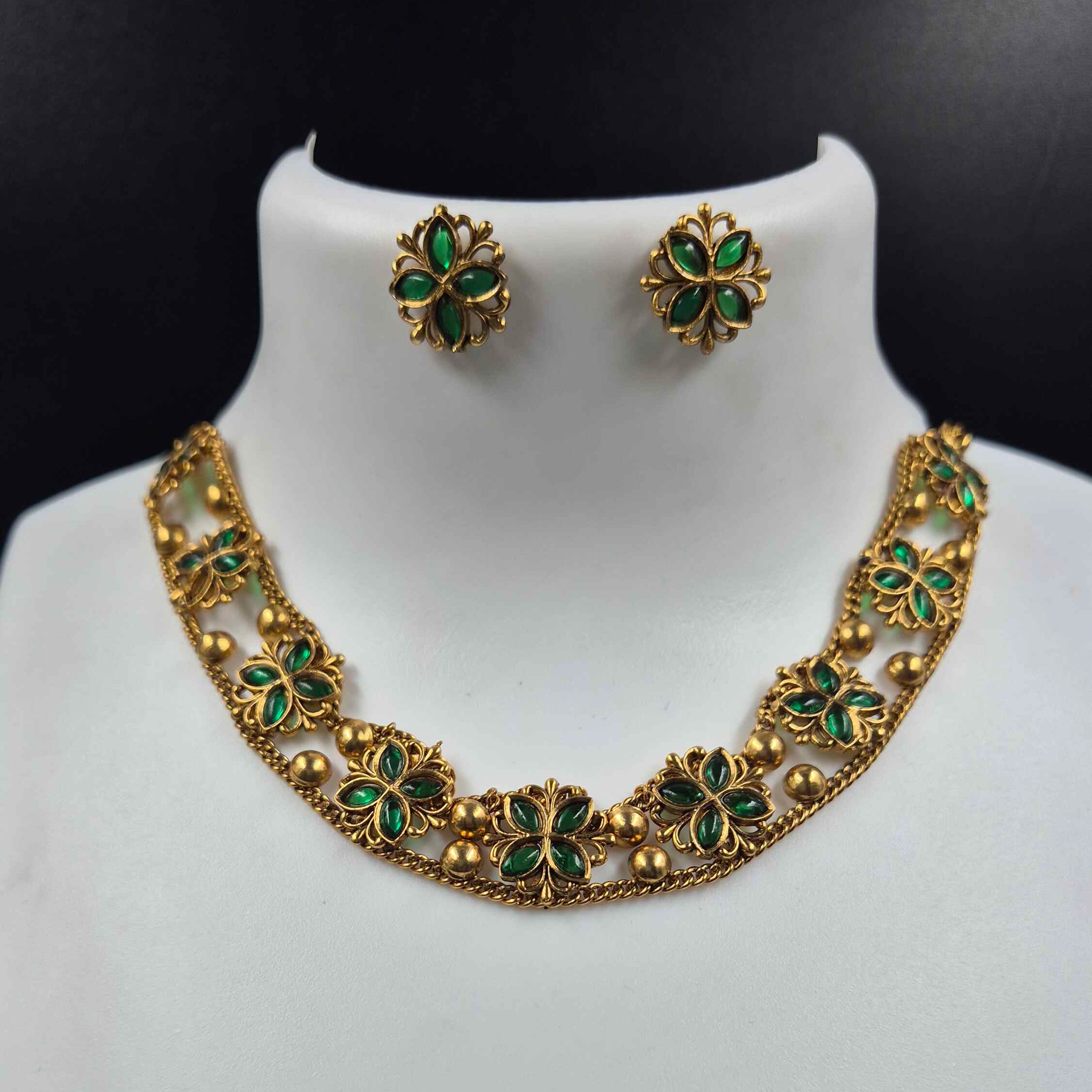 Antique Gold Finish Green Stone Floral choker Set for Women | Traditional Kerala Jewelry