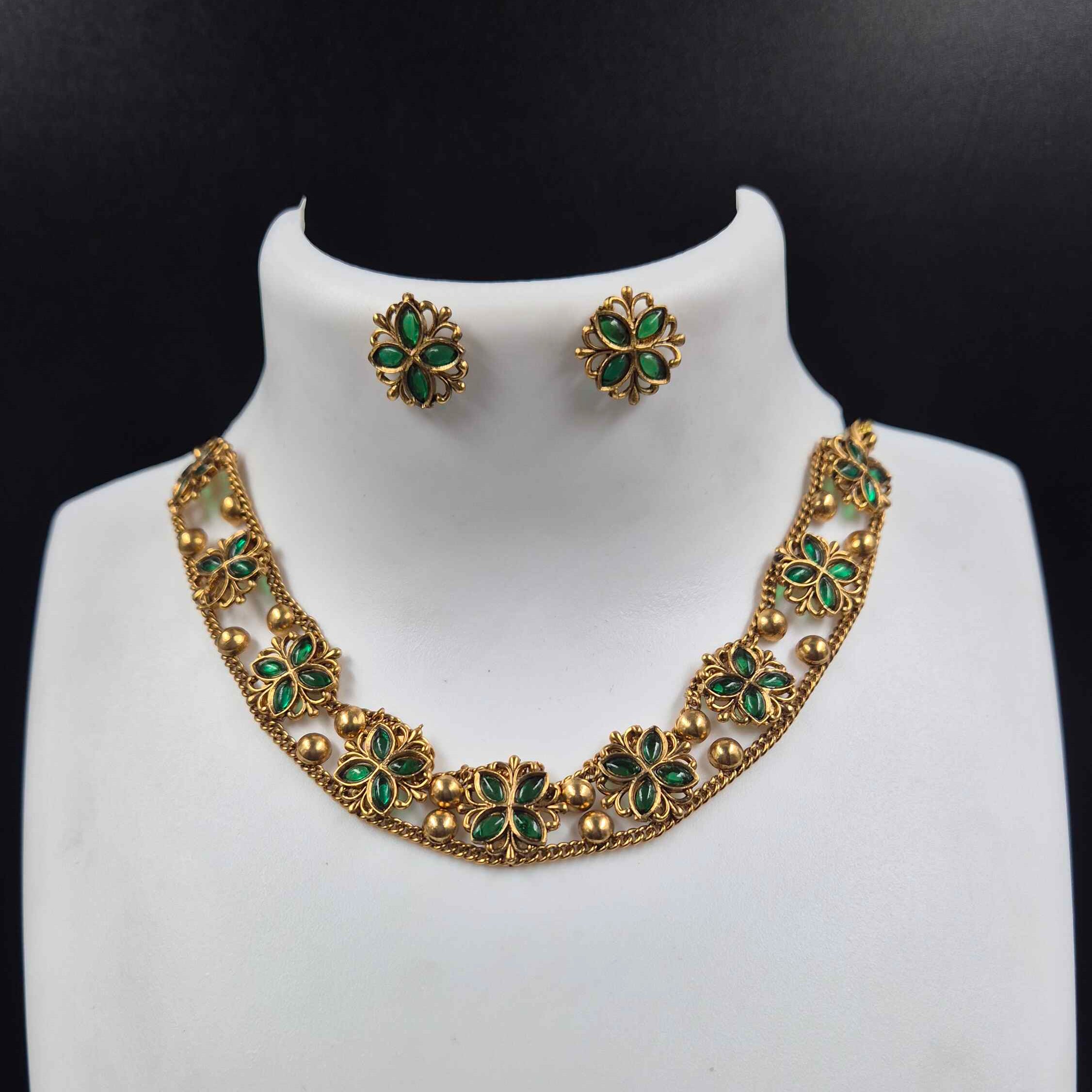 Antique Gold Finish Green Stone Floral choker Set for Women | Traditional Kerala Jewelry