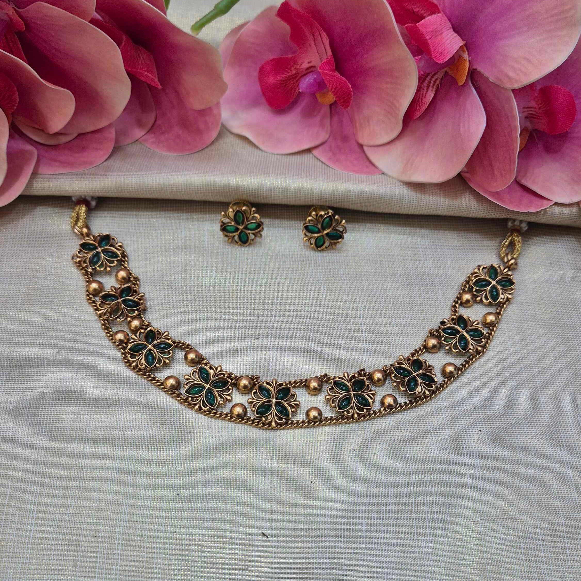 Antique Gold Finish Green Stone Floral choker Set for Women | Traditional Kerala Jewelry