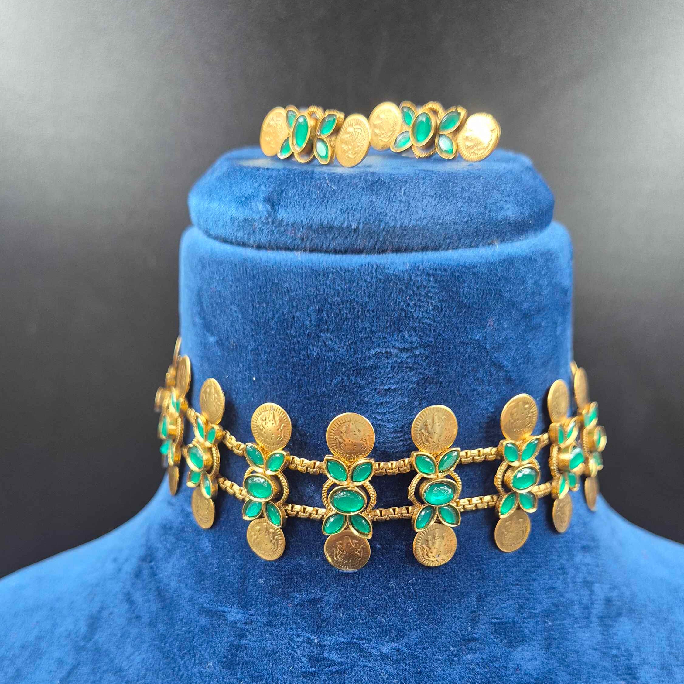Kerala Coin Choker Necklace Set with Green Stones | Traditional Antique Gold Jew