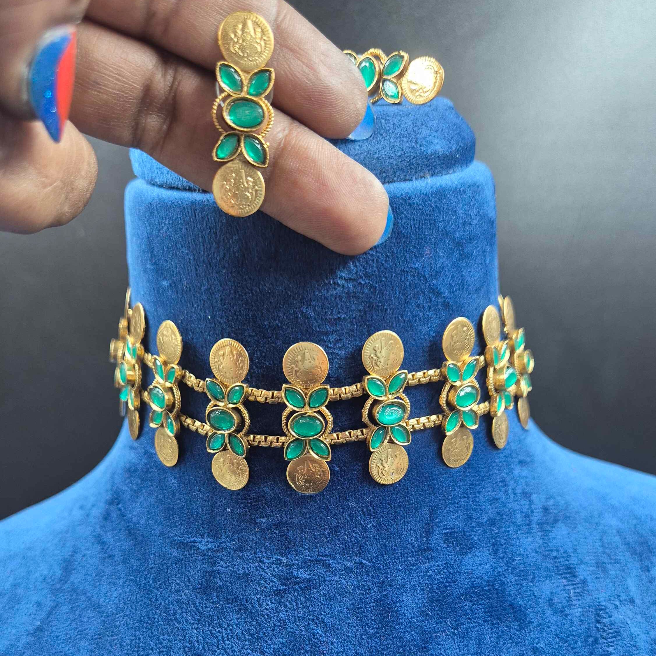 Kerala Coin Choker Necklace Set with Green Stones | Traditional Antique Gold Jew