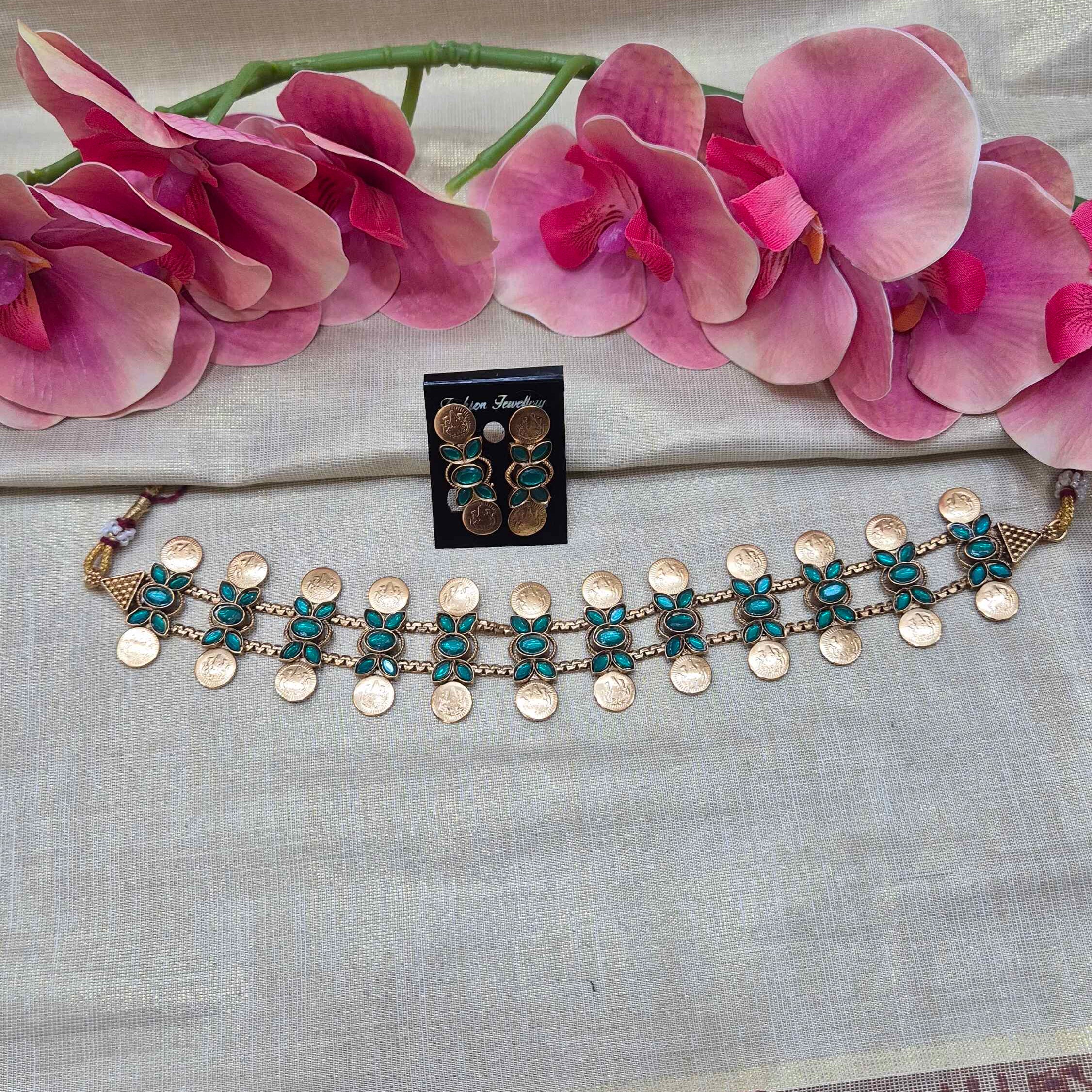Kerala Coin Choker Necklace Set with Green Stones | Traditional Antique Gold Jew