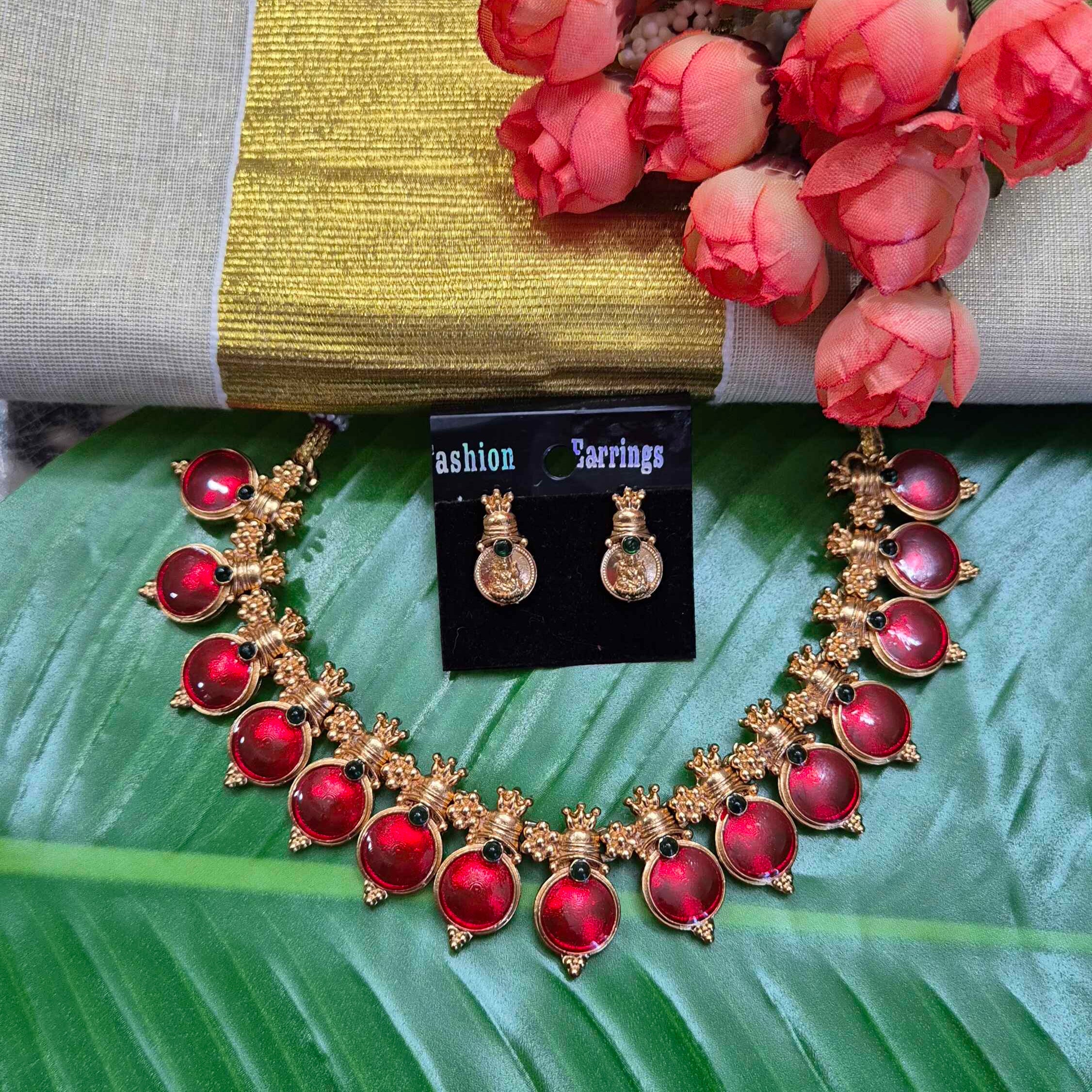 Ruby Red kasu mala with earrings/ Kerala onam traditional