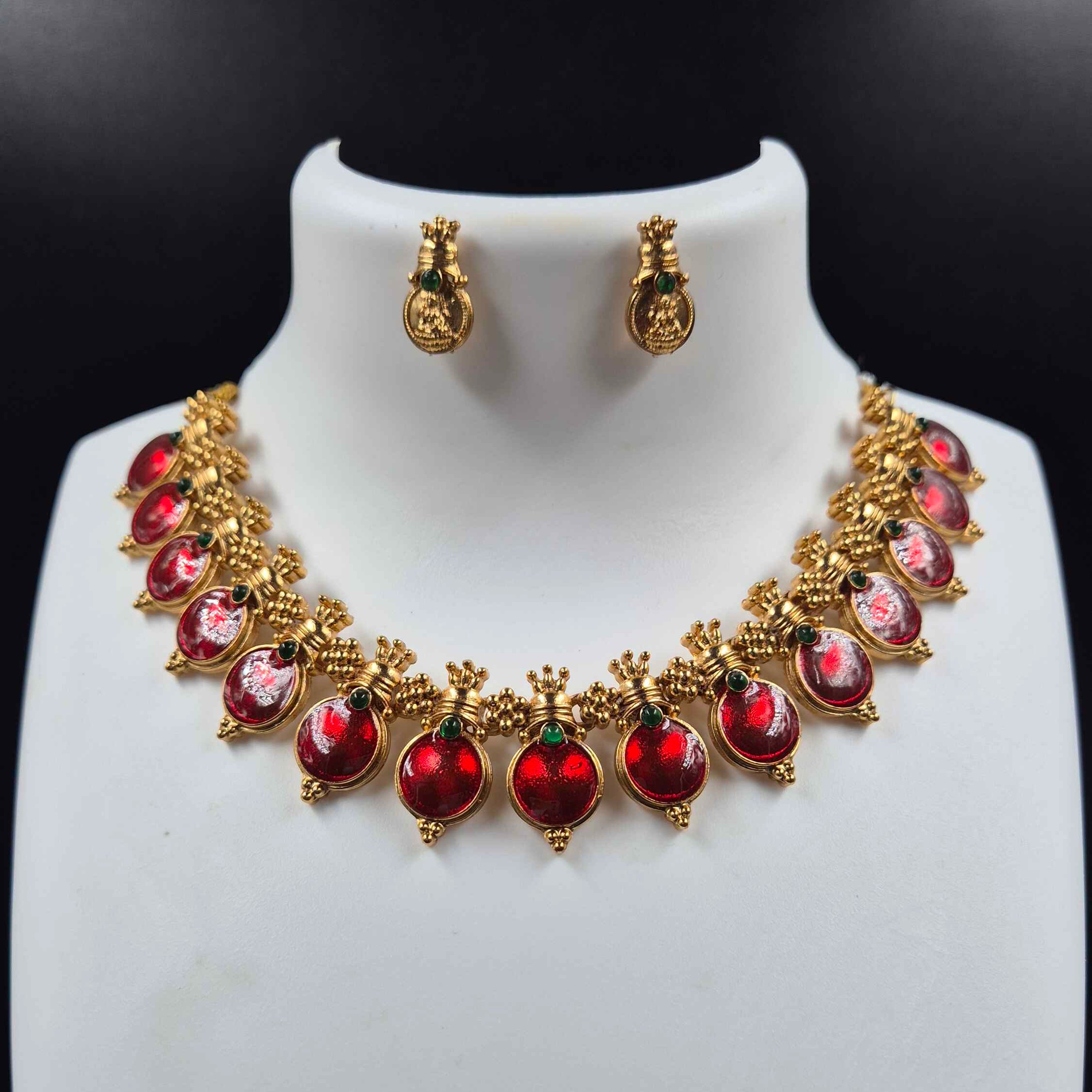 Ruby Red kasu mala with earrings/ Kerala onam traditional