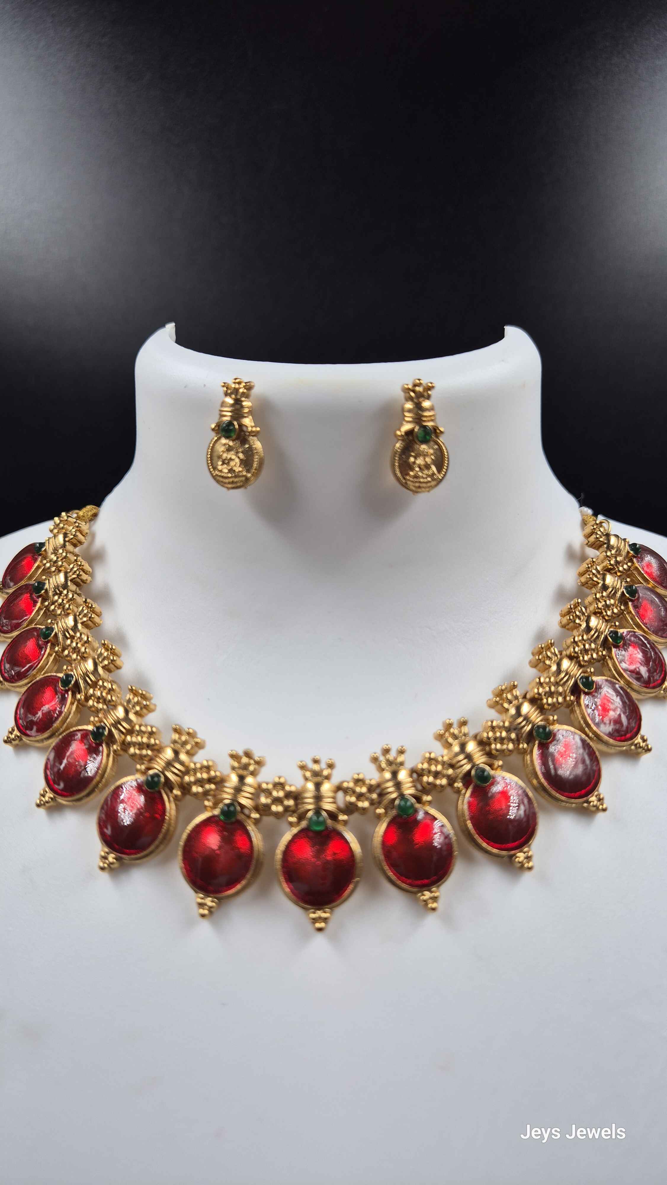 Ruby Red kasu mala with earrings/ Kerala onam traditional