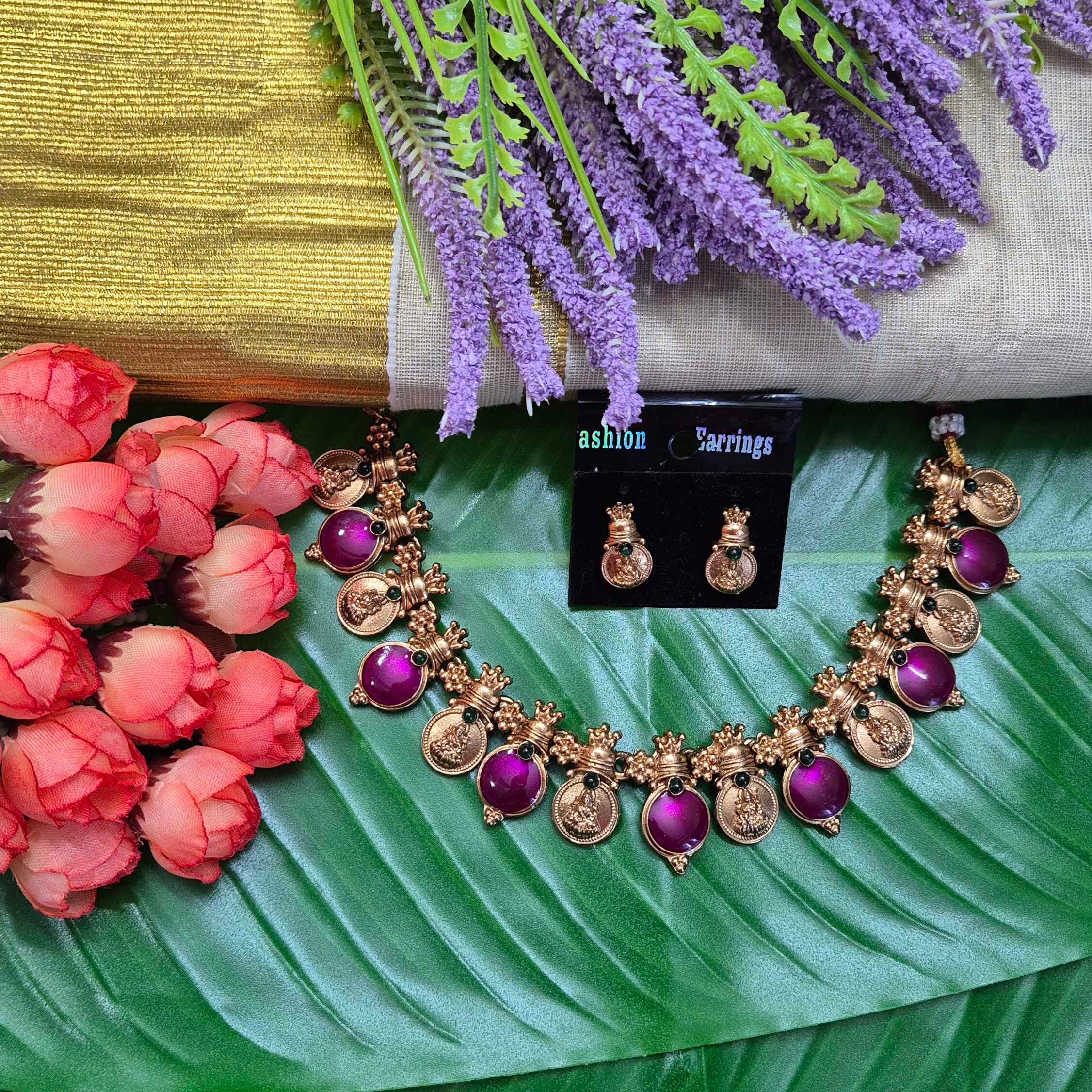 Purple and gold alternate coin necklace/Kerala traditional set