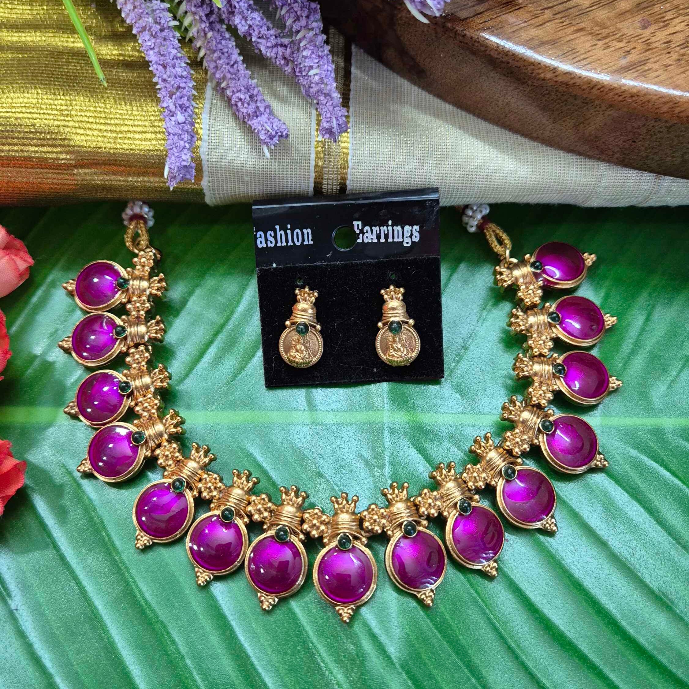 Purple kasu mala Statement Necklace Set with Stud Earrings
