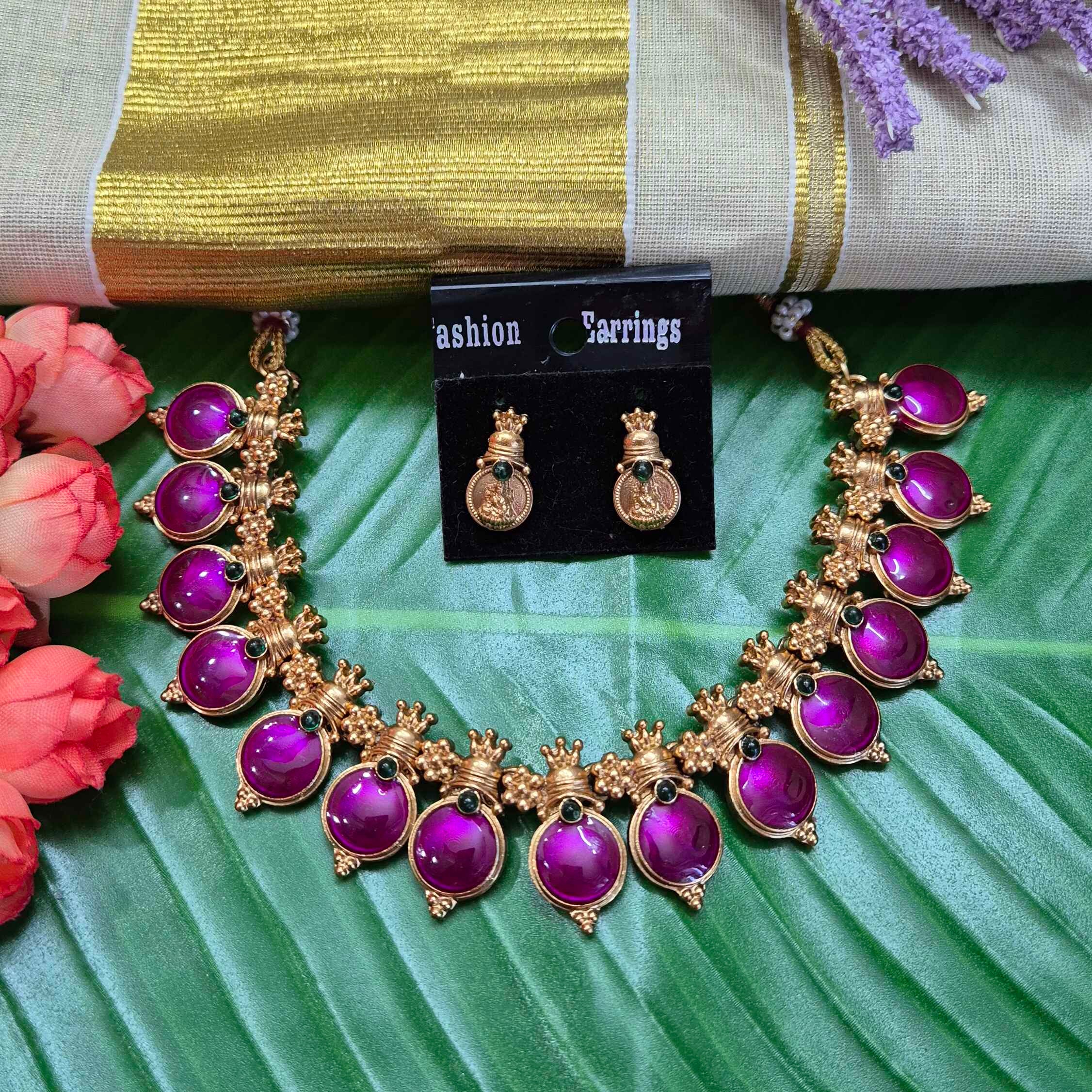Purple kasu mala Statement Necklace Set with Stud Earrings