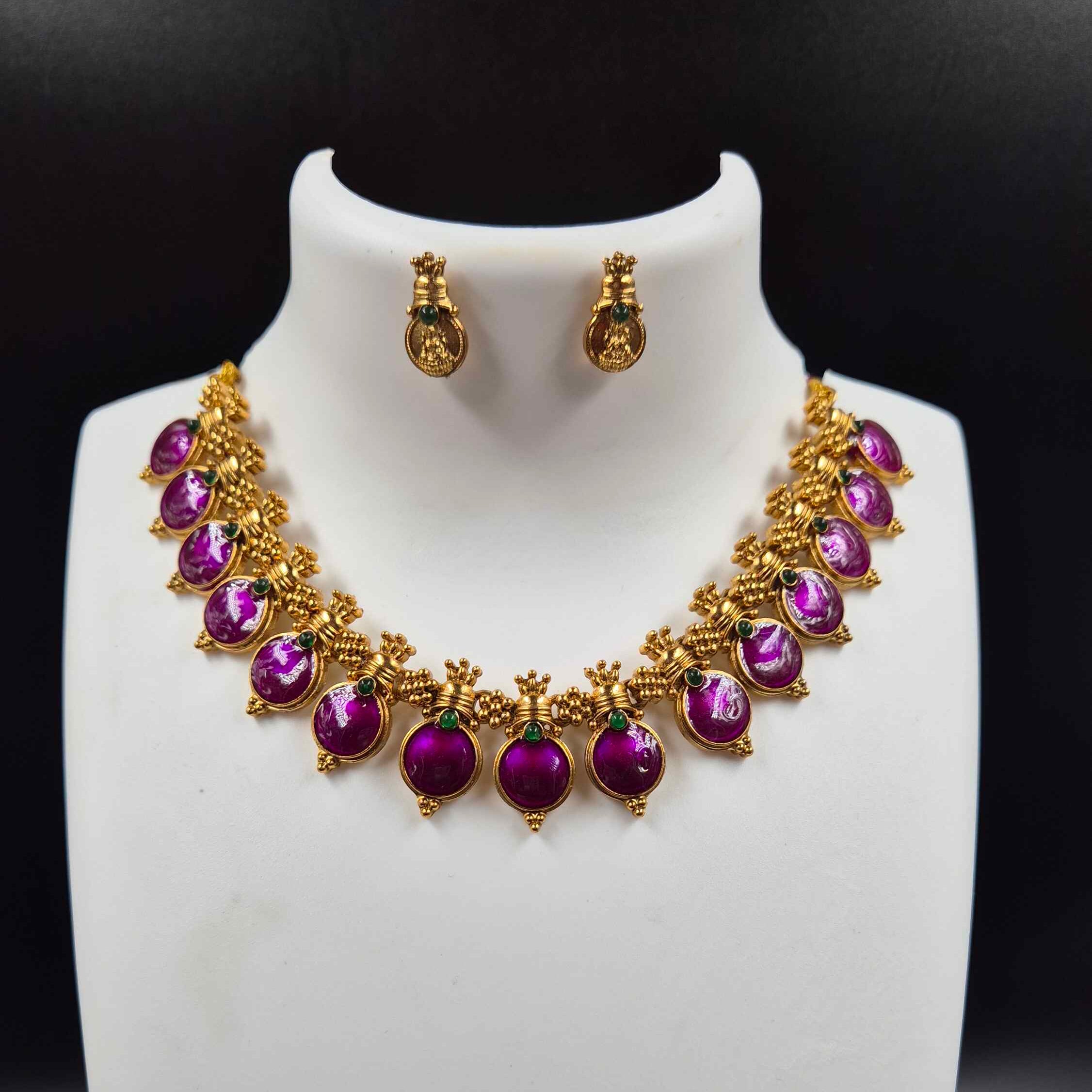 Purple kasu mala Statement Necklace Set with Stud Earrings