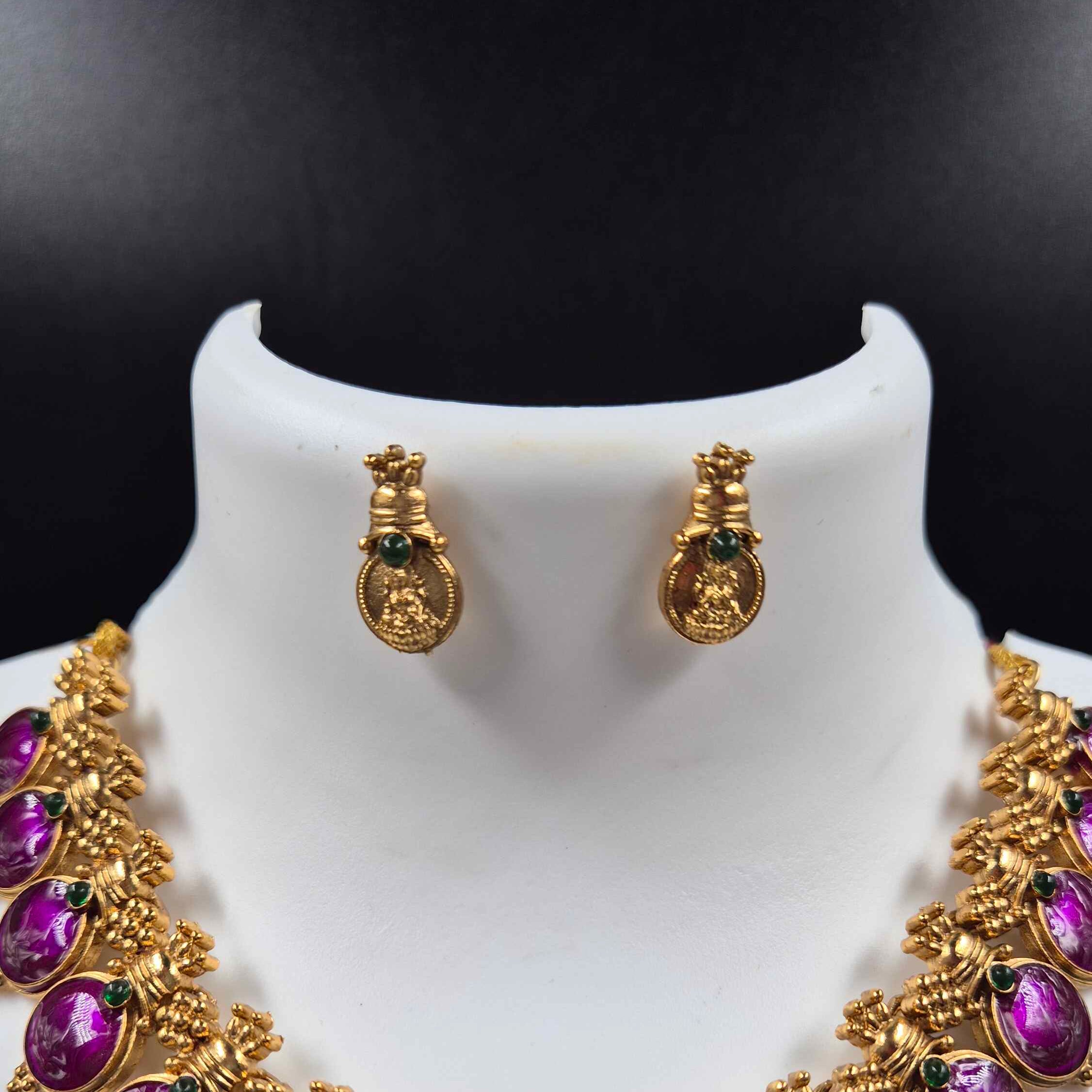 Purple kasu mala Statement Necklace Set with Stud Earrings
