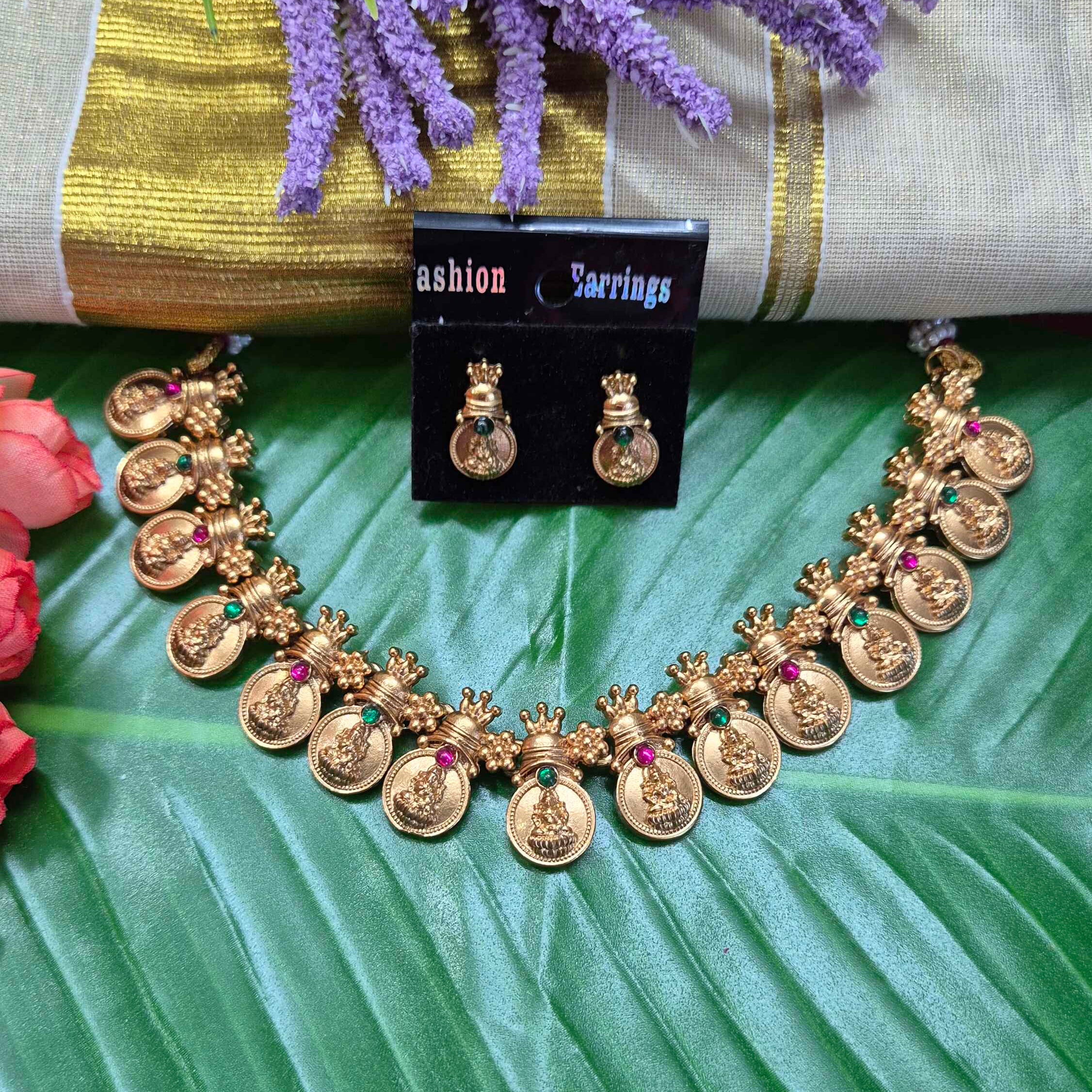 Temple Coin Design Statement Necklace Set with Matching Stud Earrings
