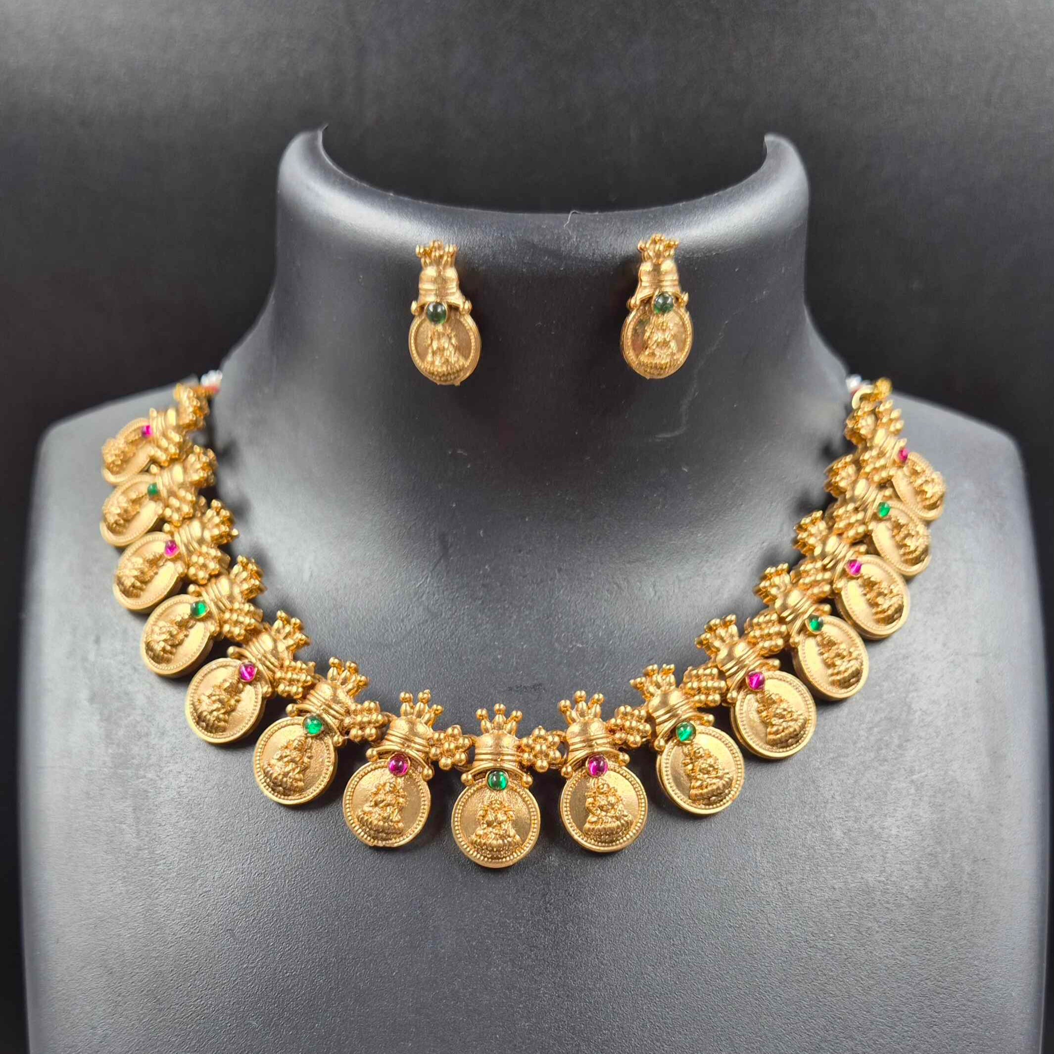 Temple Coin Design Statement Necklace Set with Matching Stud Earrings