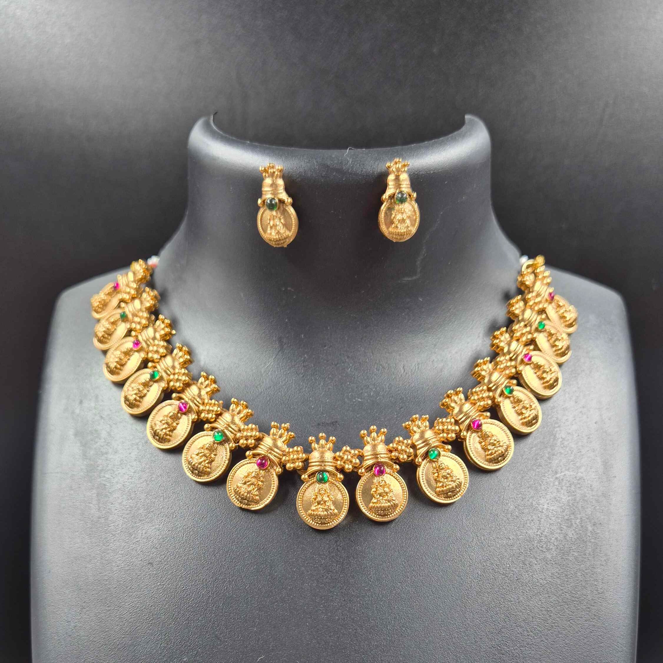 Temple Coin Design Statement Necklace Set with Matching Stud Earrings