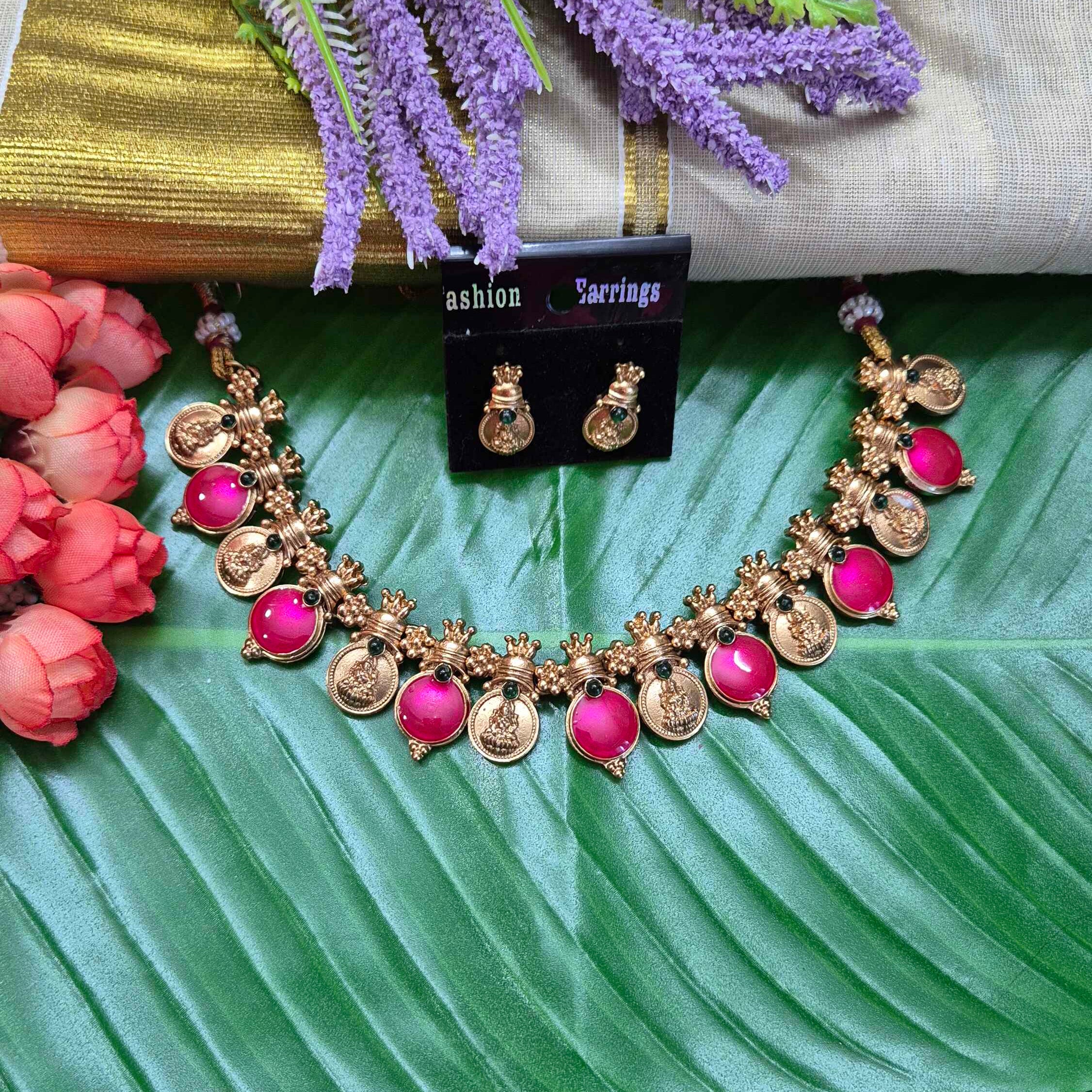 Rani pink and gold alternate coin necklace with earrings/Kerala traditional