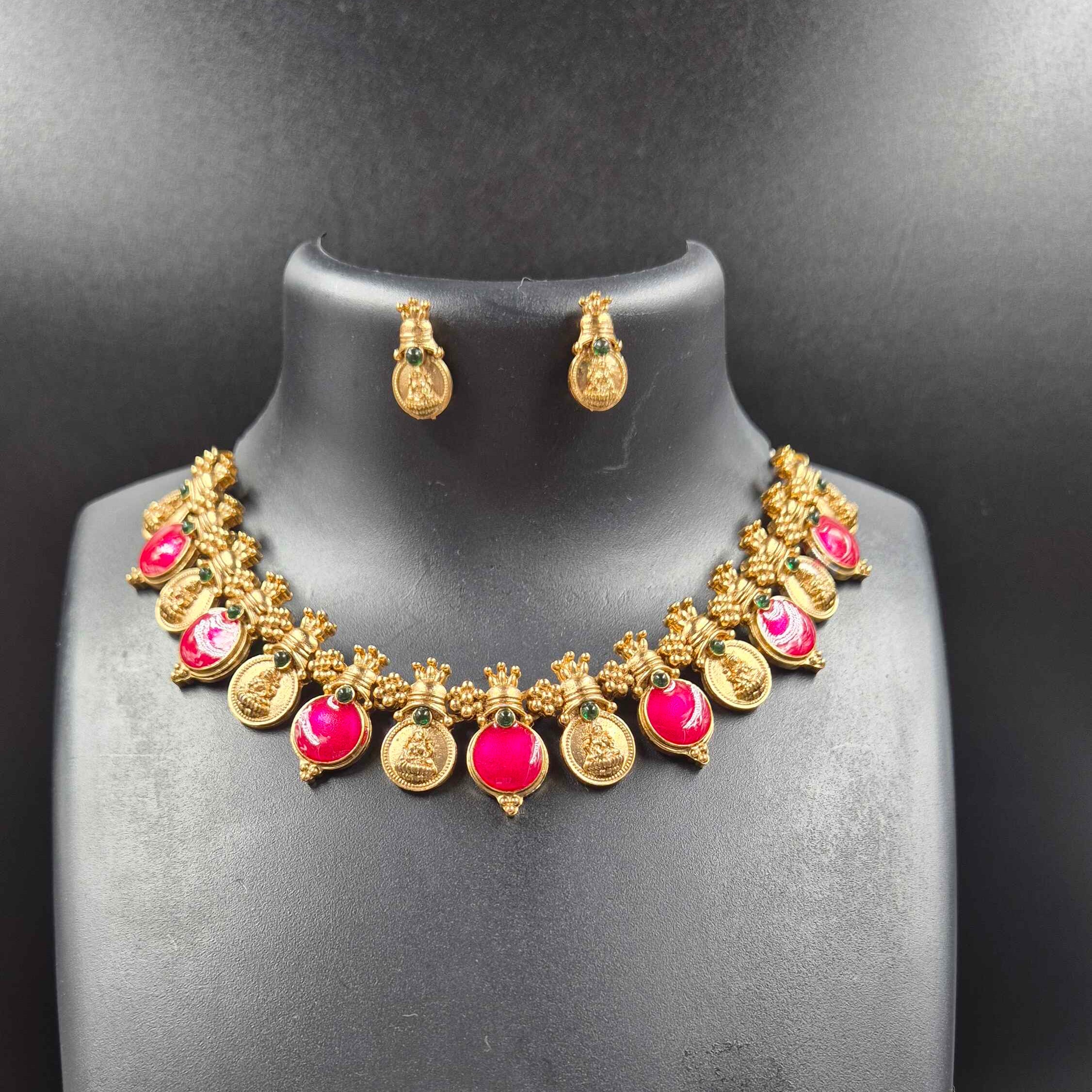 Rani pink and gold alternate coin necklace with earrings/Kerala traditional