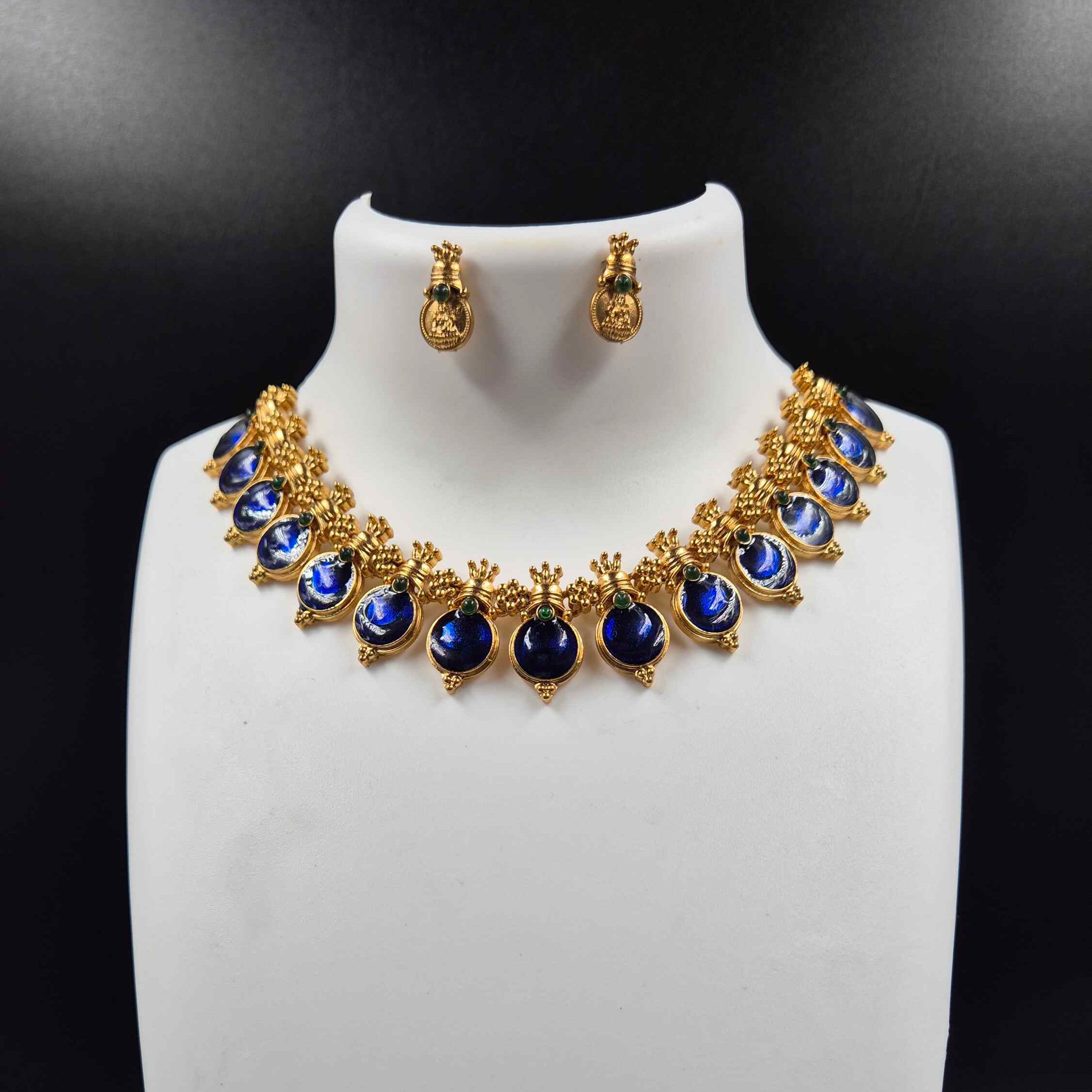 Royal Blue Temple-Inspired kasu mala  Statement Necklace Set with Stud Earrings/Keral atraditional
