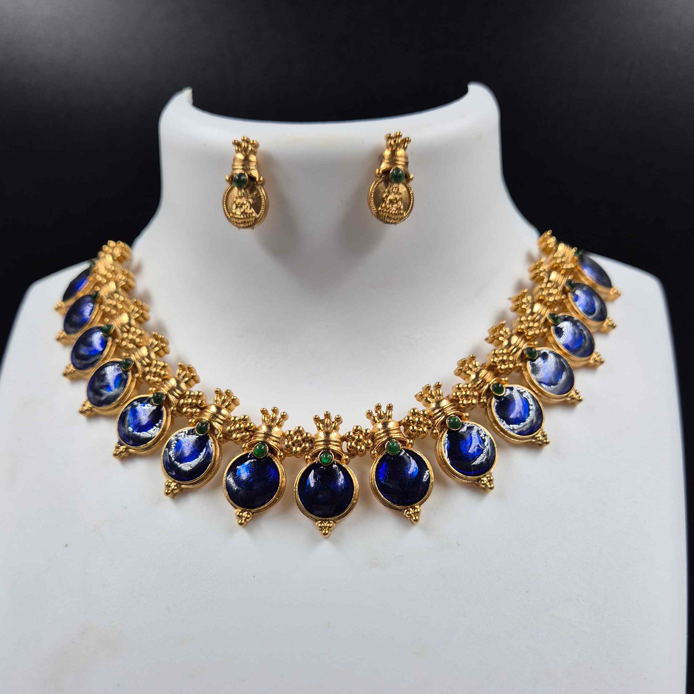 Royal Blue Temple-Inspired kasu mala  Statement Necklace Set with Stud Earrings/Keral atraditional