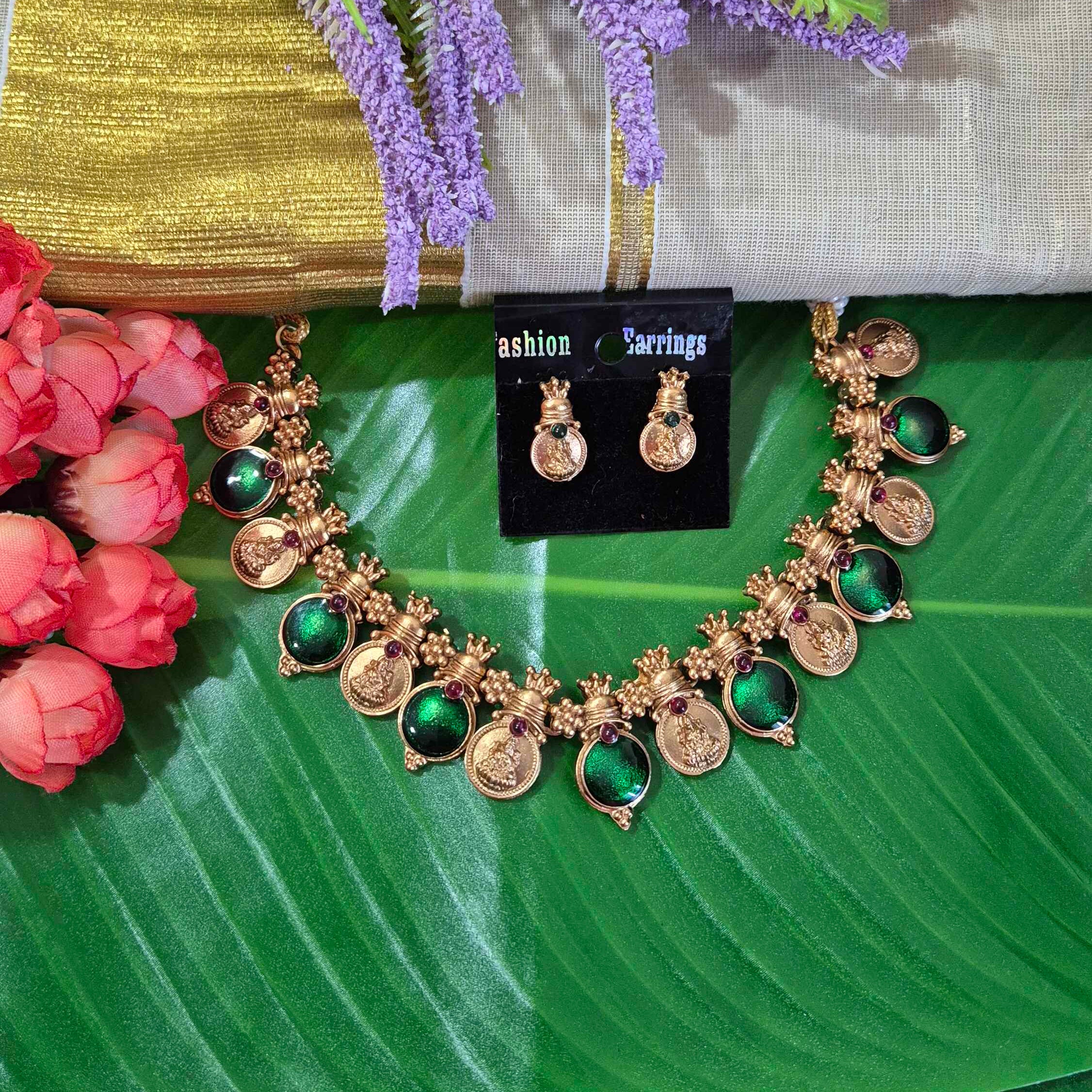 Emarald green and gold alternate coin necklace with earrings/Kerala Traditional
