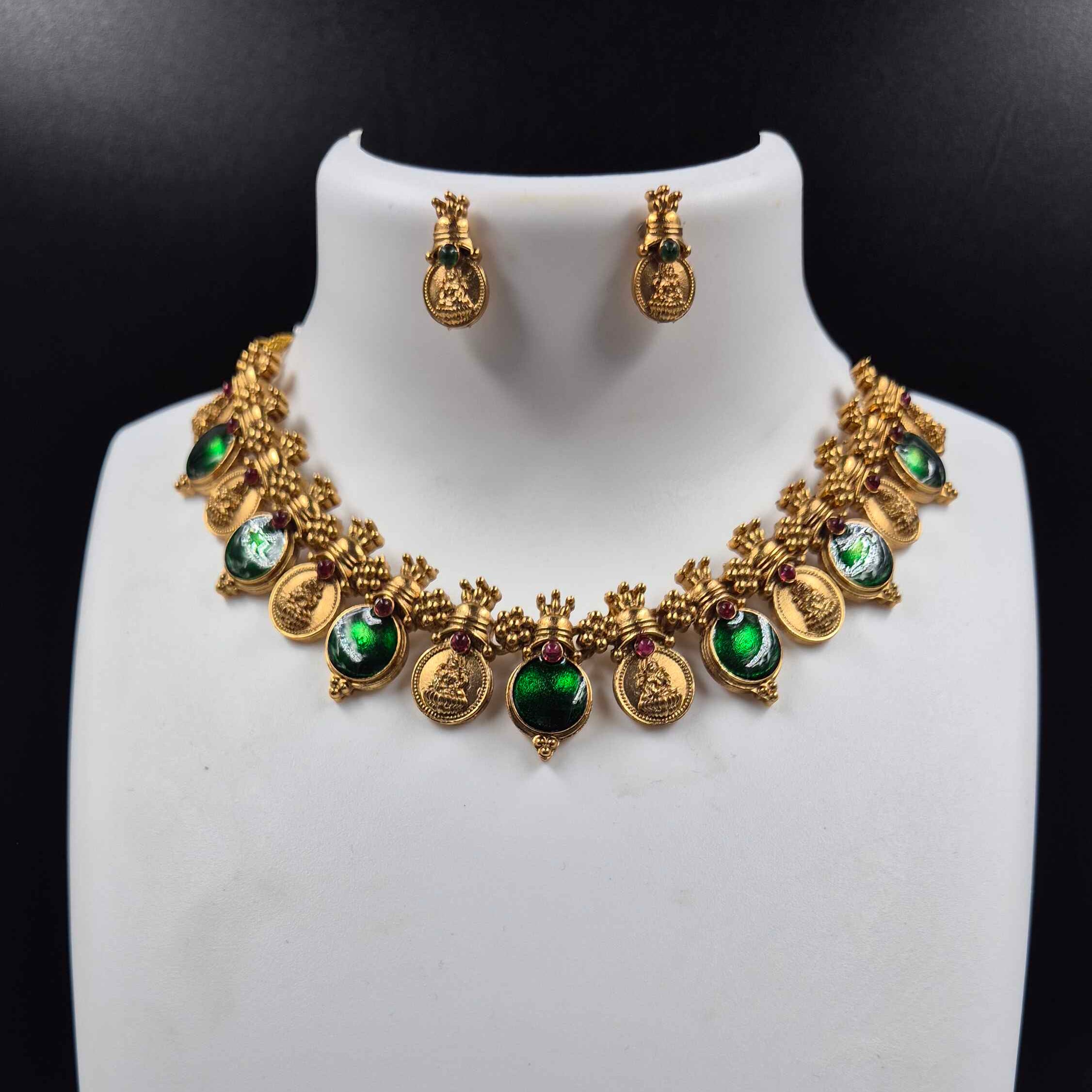Emarald green and gold alternate coin necklace with earrings/Kerala Traditional