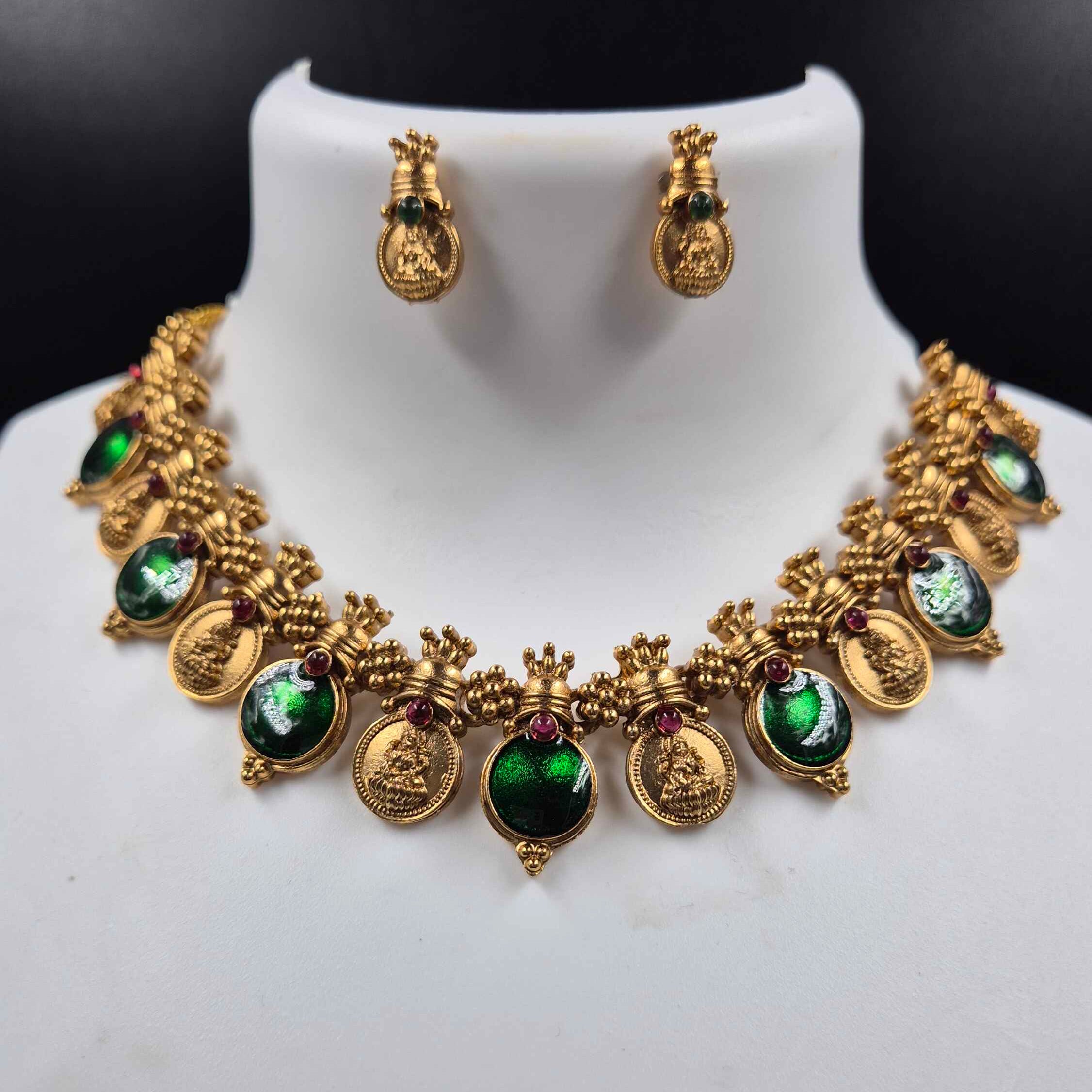 Emarald green and gold alternate coin necklace with earrings/Kerala Traditional