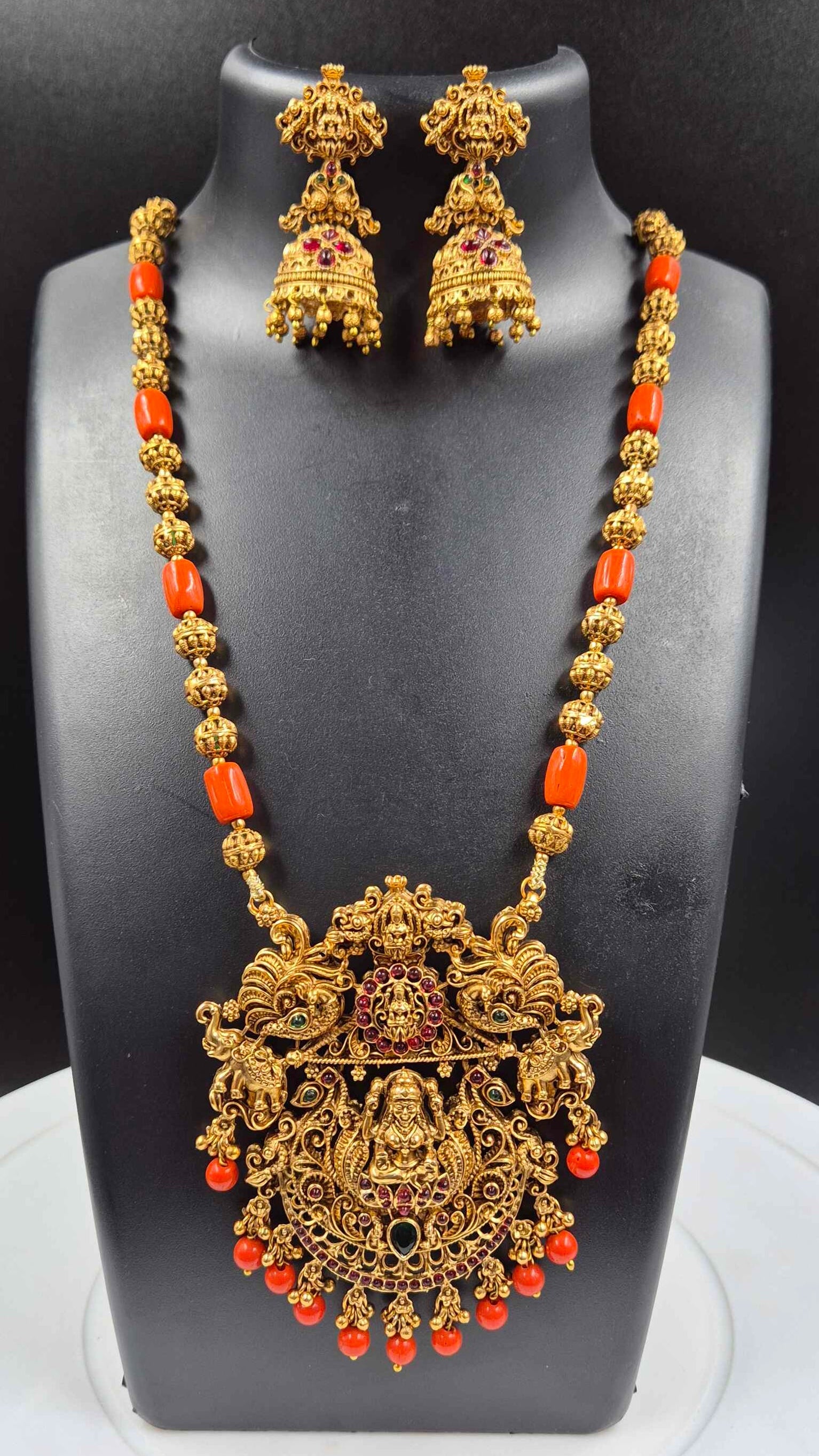 Temple Lakshmi Pendant Long Necklace Set with Orange Beads and Jhumka Earrings