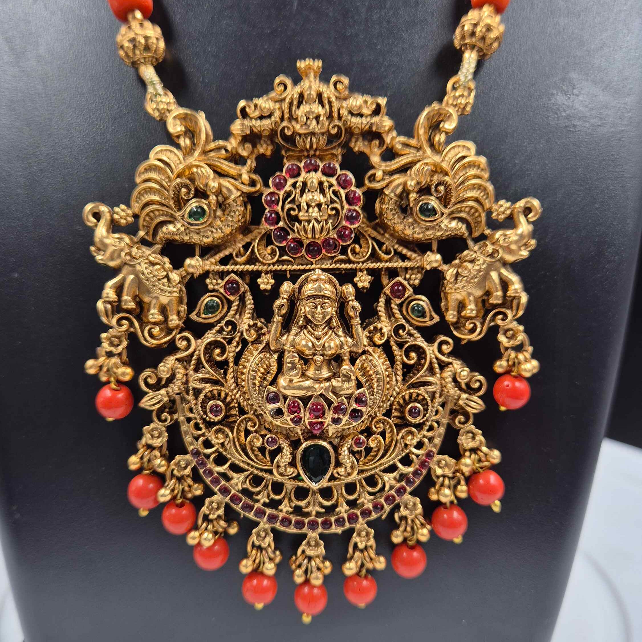 Temple Lakshmi Pendant Long Necklace Set with Orange Beads and Jhumka Earrings