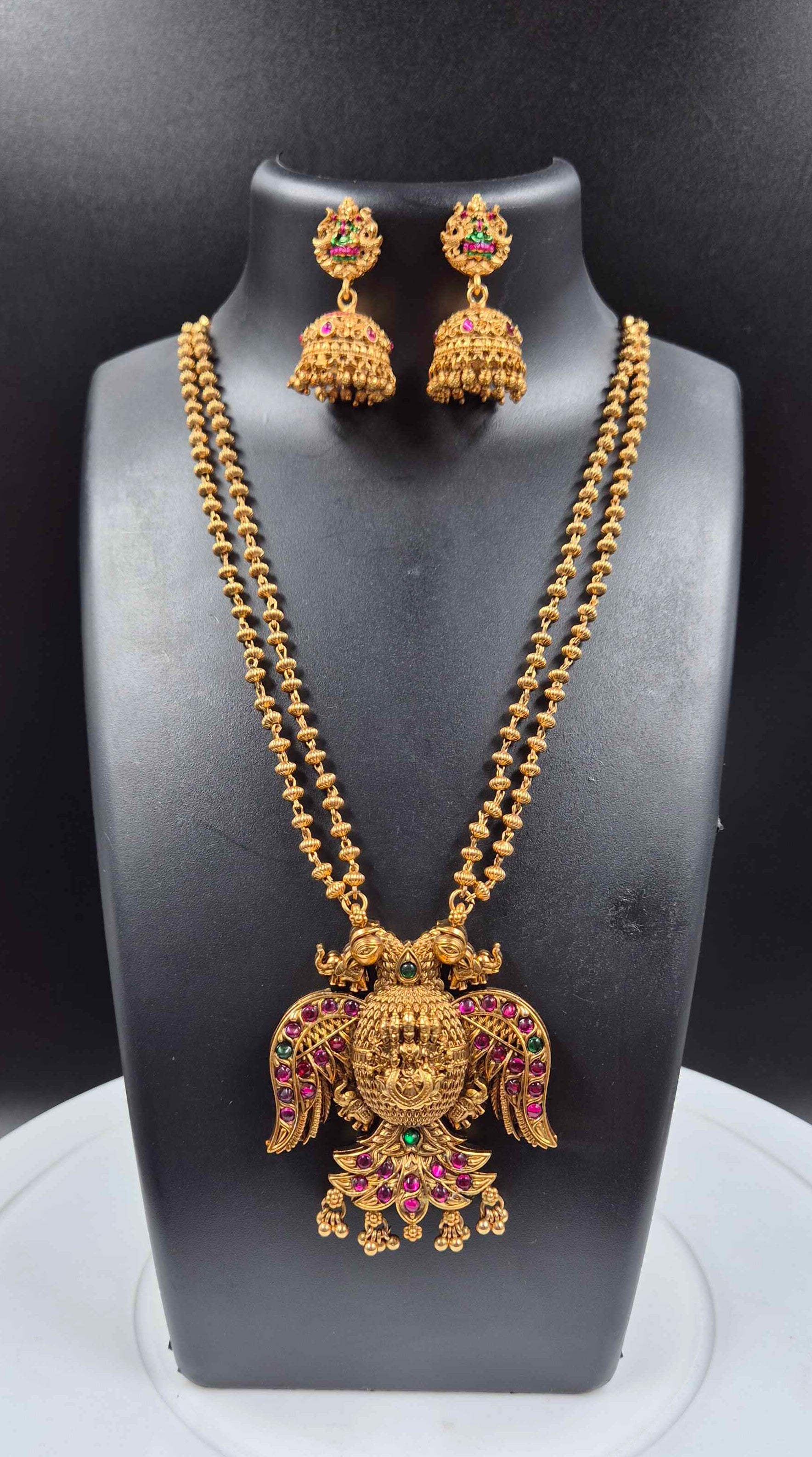 Mythological Double headed Garuda bird Motif  Long Necklace Set with Jhumka Earrings