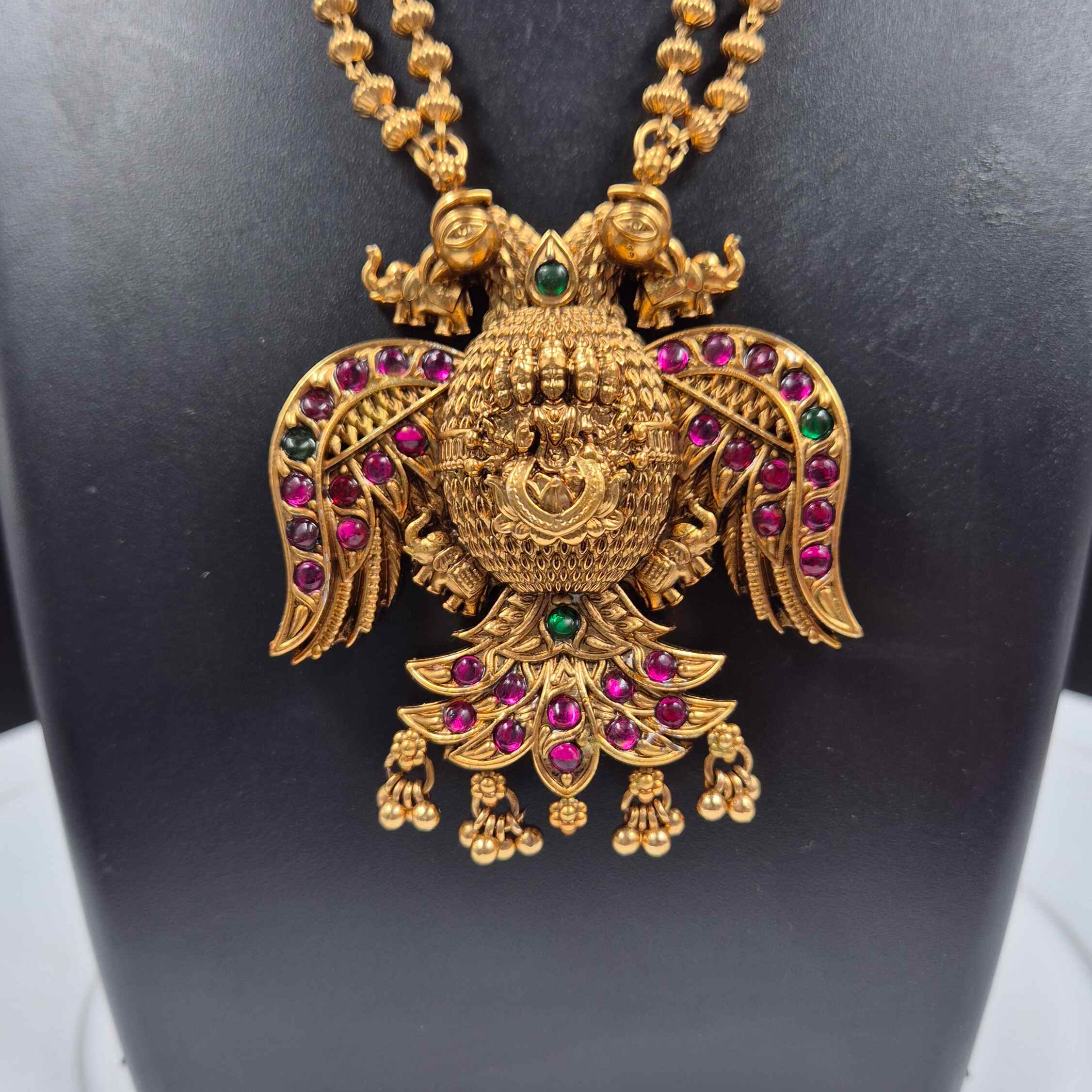Mythological Double headed Garuda bird Motif  Long Necklace Set with Jhumka Earrings
