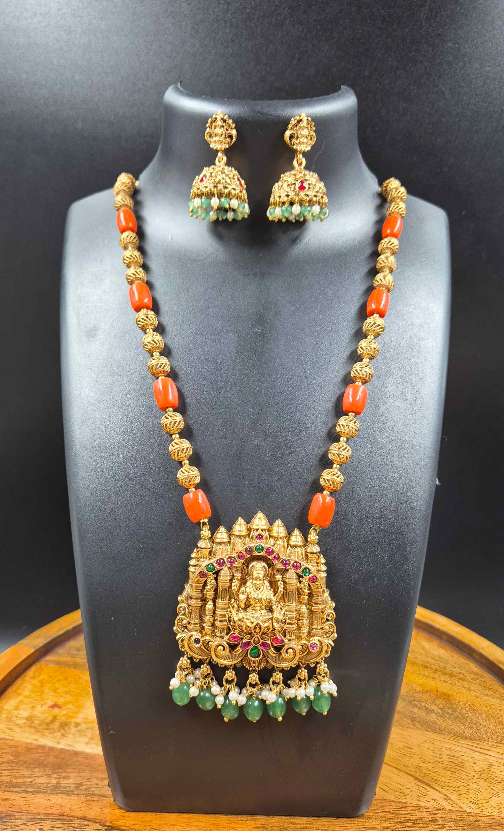 Lakshmi Temple Pendant Necklace Set with Orange Beads & Green Drop Jhumkas