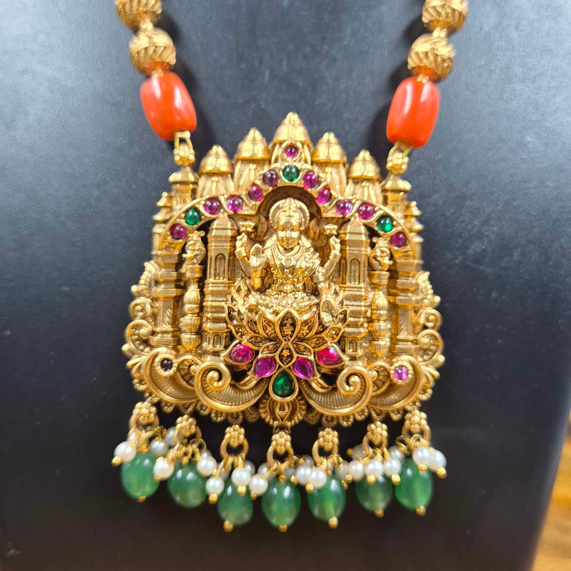 Lakshmi Temple Pendant Necklace Set with Orange Beads & Green Drop Jhumkas