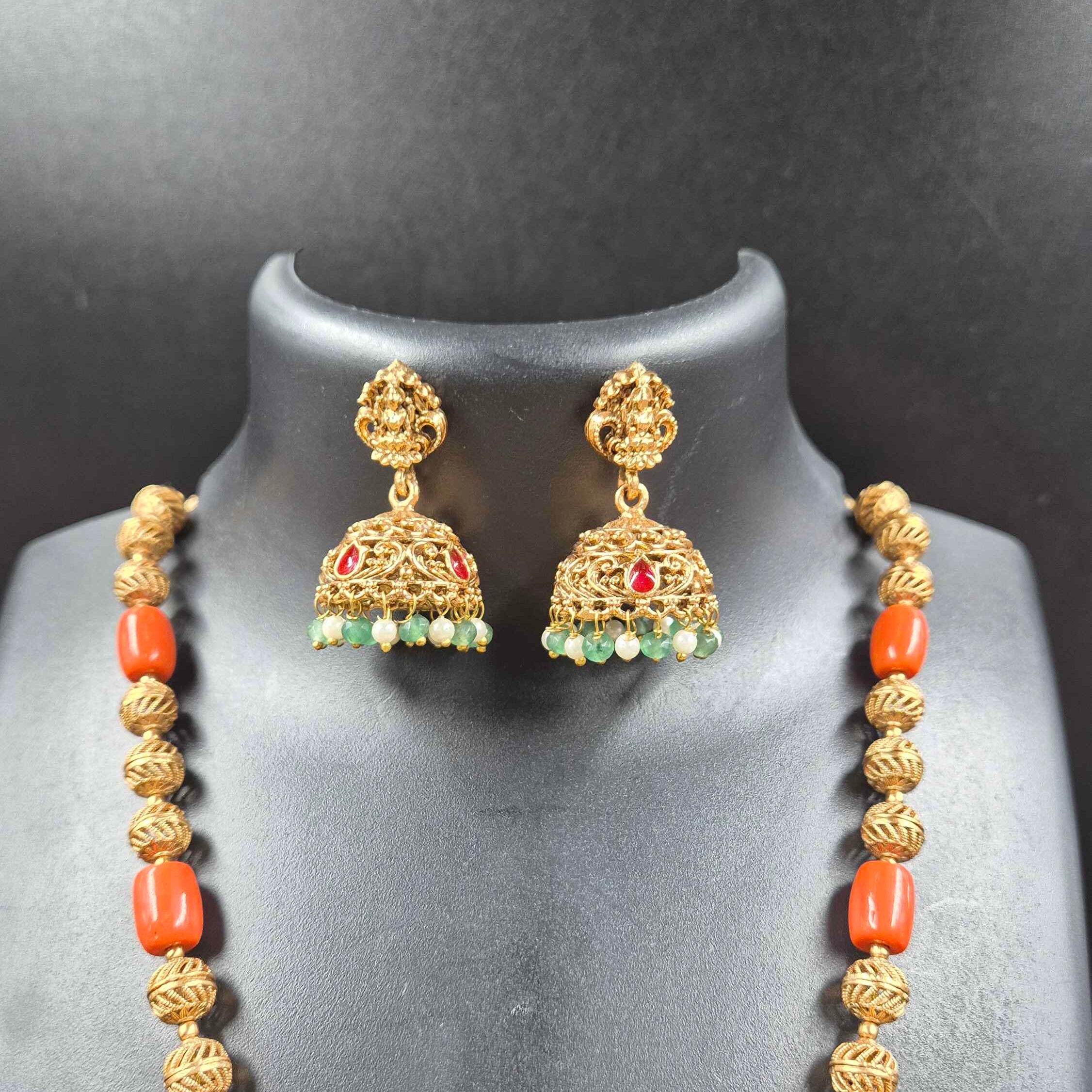 Lakshmi Temple Pendant Necklace Set with Orange Beads & Green Drop Jhumkas