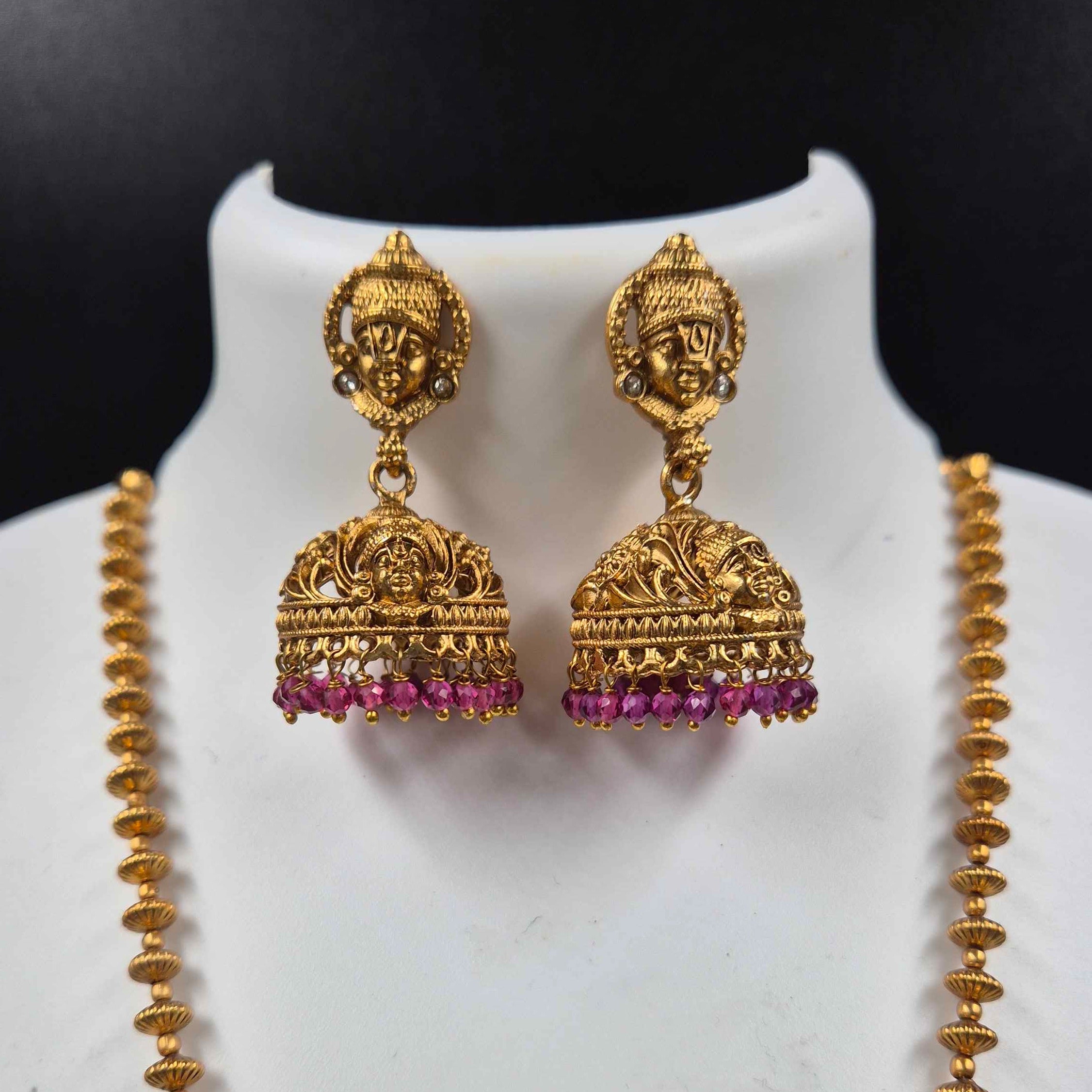 Temple Style Perumal Deity Pendant Necklace Set with Ruby Bead Jhumkas