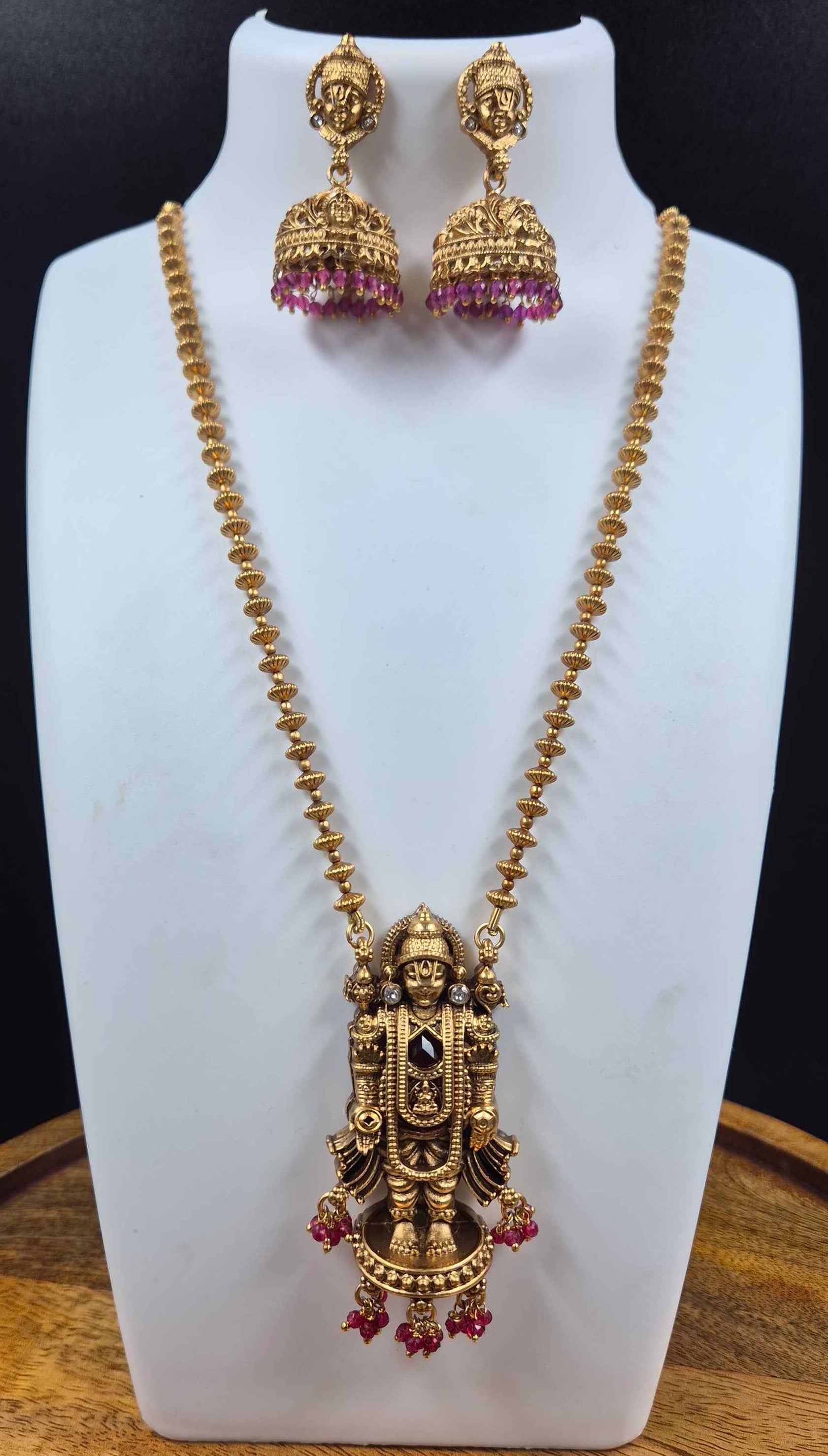 Temple Style Perumal Deity Pendant Necklace Set with Ruby Bead Jhumkas