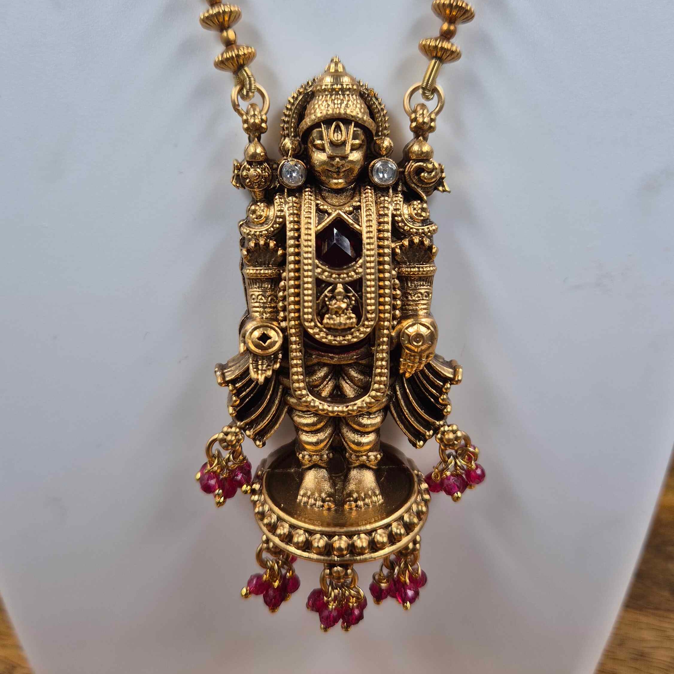 Temple Style Perumal Deity Pendant Necklace Set with Ruby Bead Jhumkas
