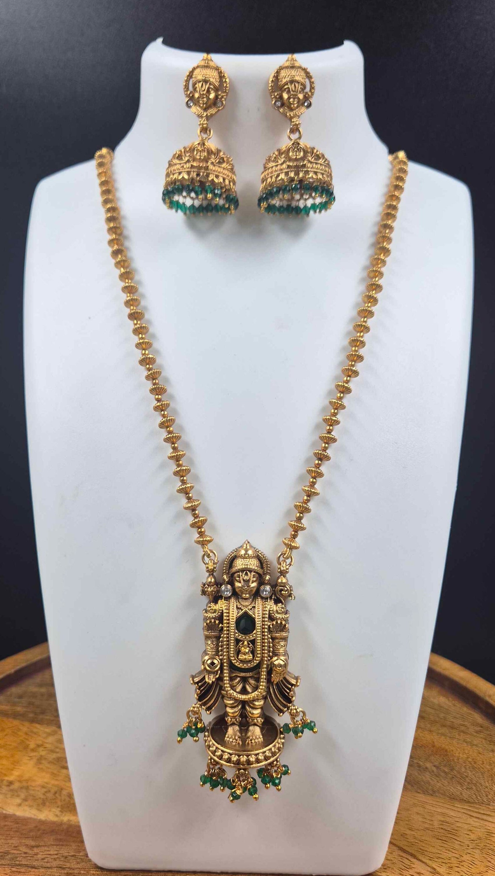 Temple Style Perumal Deity Pendant Necklace Set with Green Bead Jhumkas