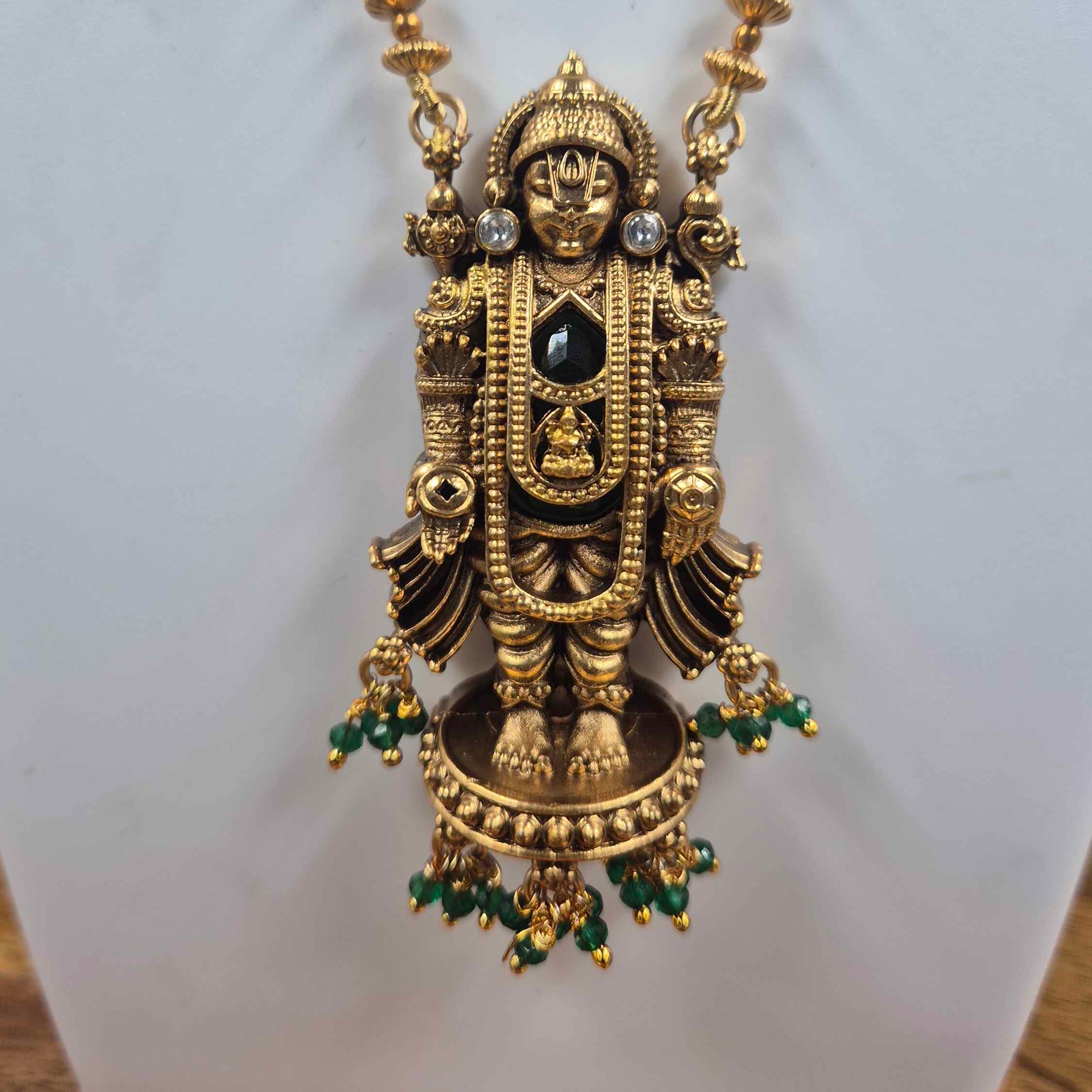 Temple Style Perumal Deity Pendant Necklace Set with Green Bead Jhumkas
