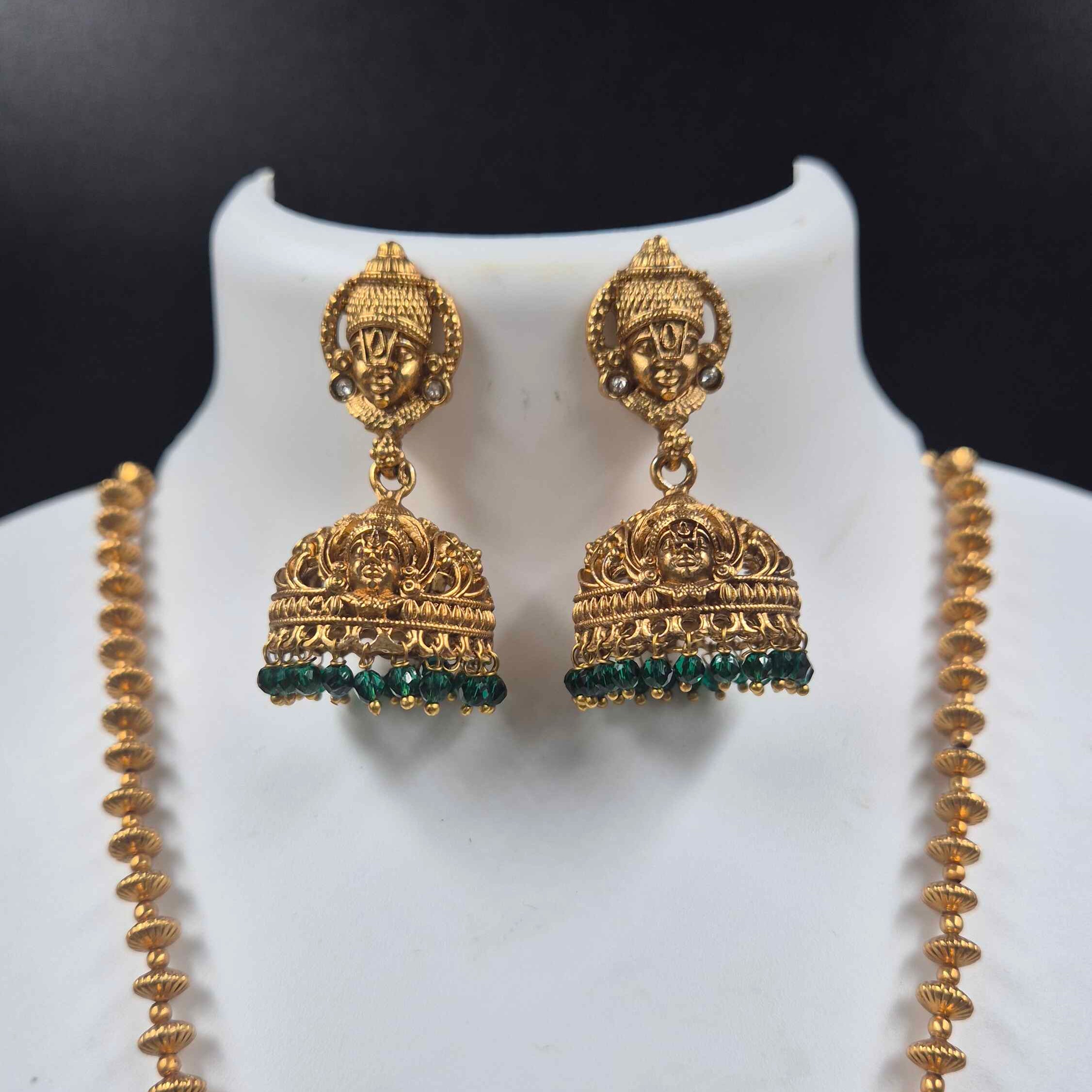 Temple Style Perumal Deity Pendant Necklace Set with Green Bead Jhumkas