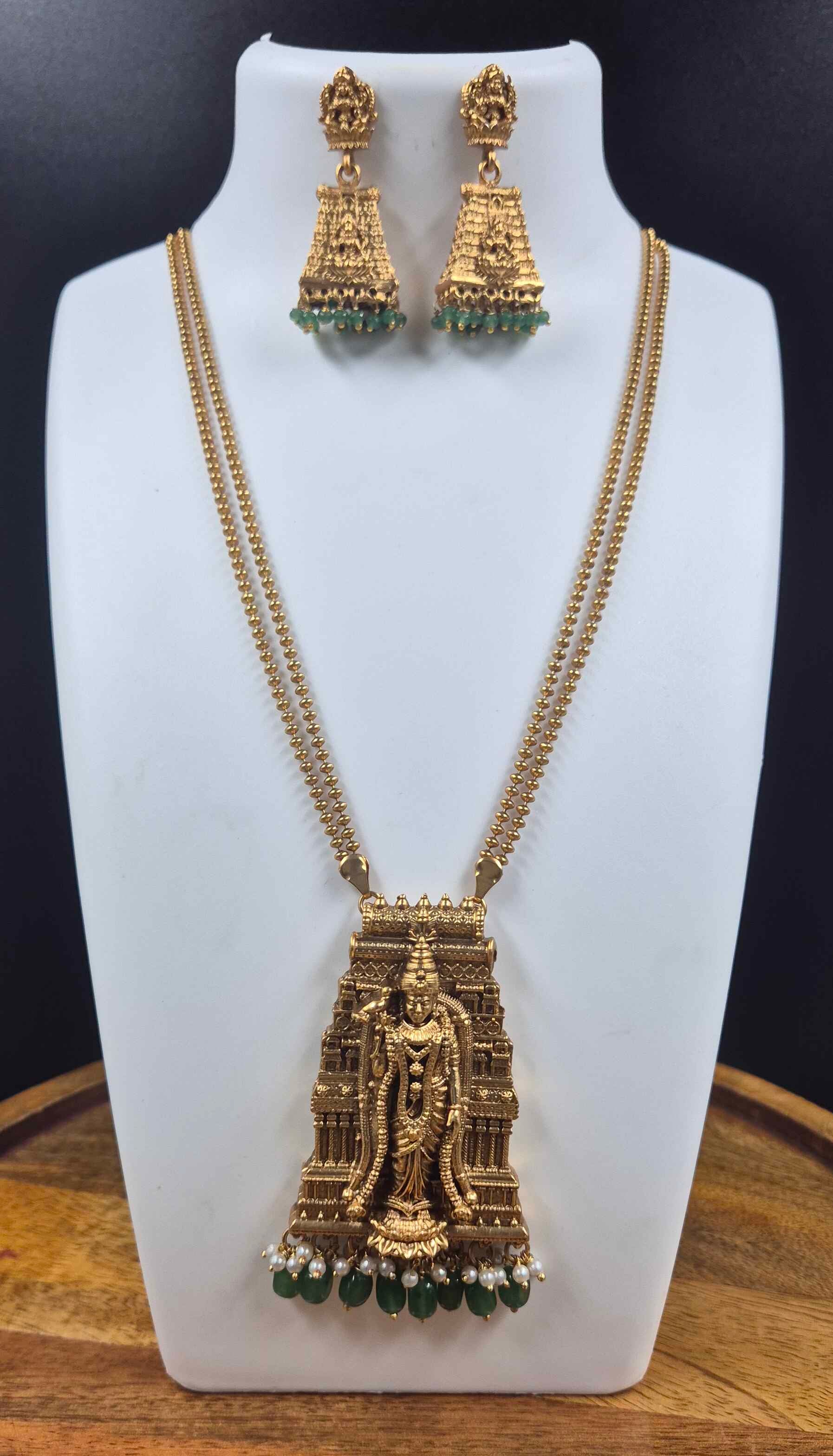 Temple Gopuram Pendant with Meenakshi devi, Necklace Set with Green Bead Drops & Matching Jhumkas
