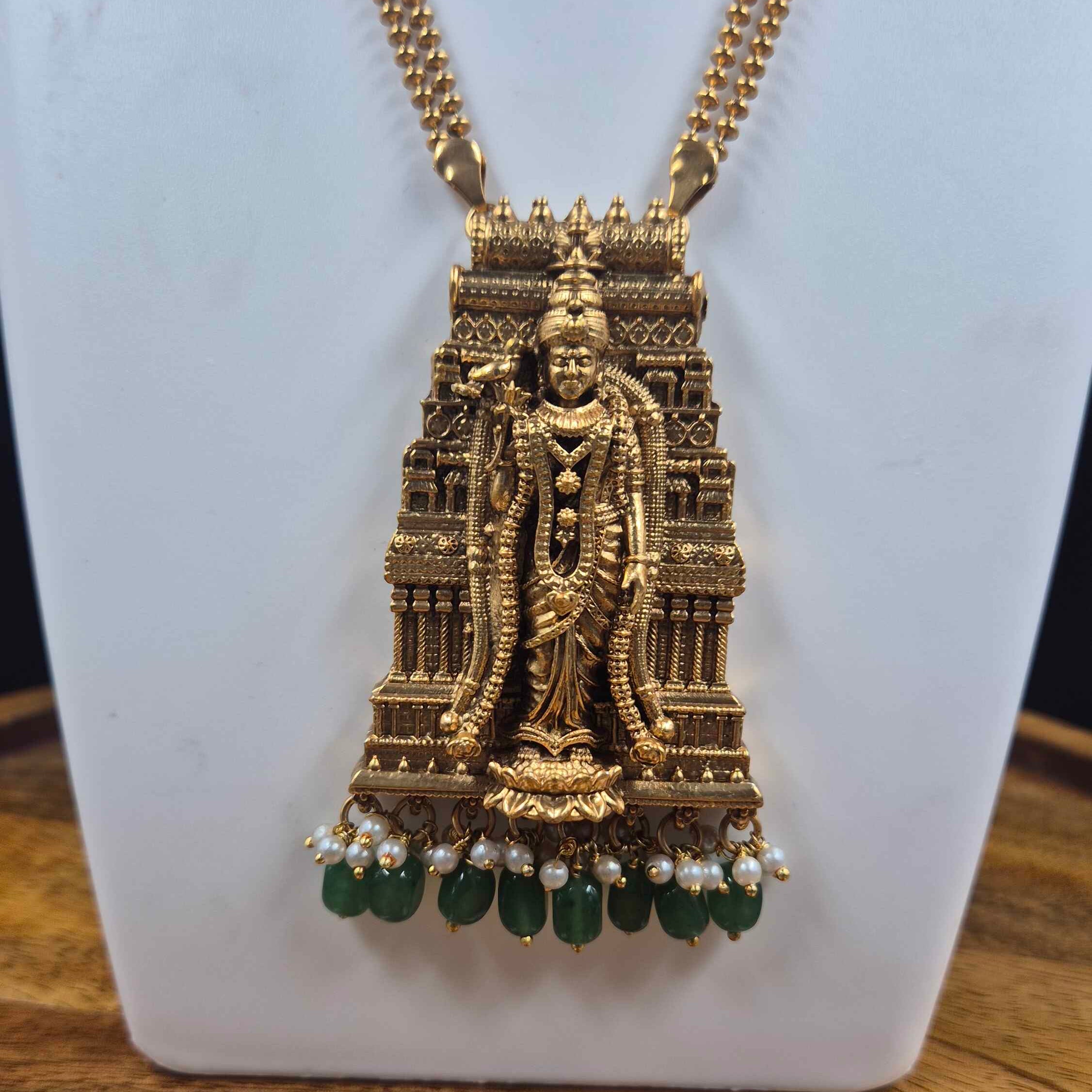 Temple Gopuram Pendant with Meenakshi devi, Necklace Set with Green Bead Drops & Matching Jhumkas
