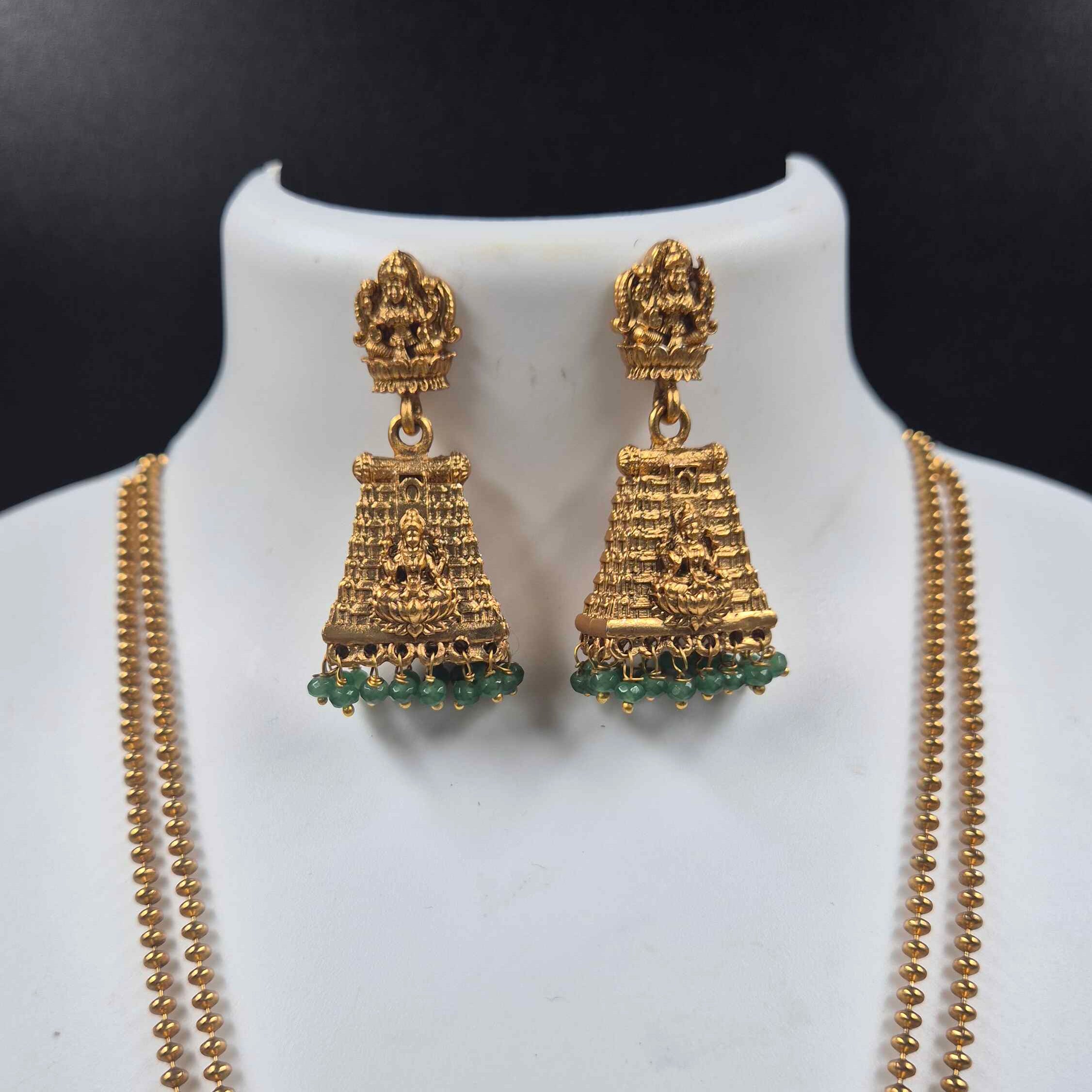 Temple Gopuram Pendant with Meenakshi devi, Necklace Set with Green Bead Drops & Matching Jhumkas