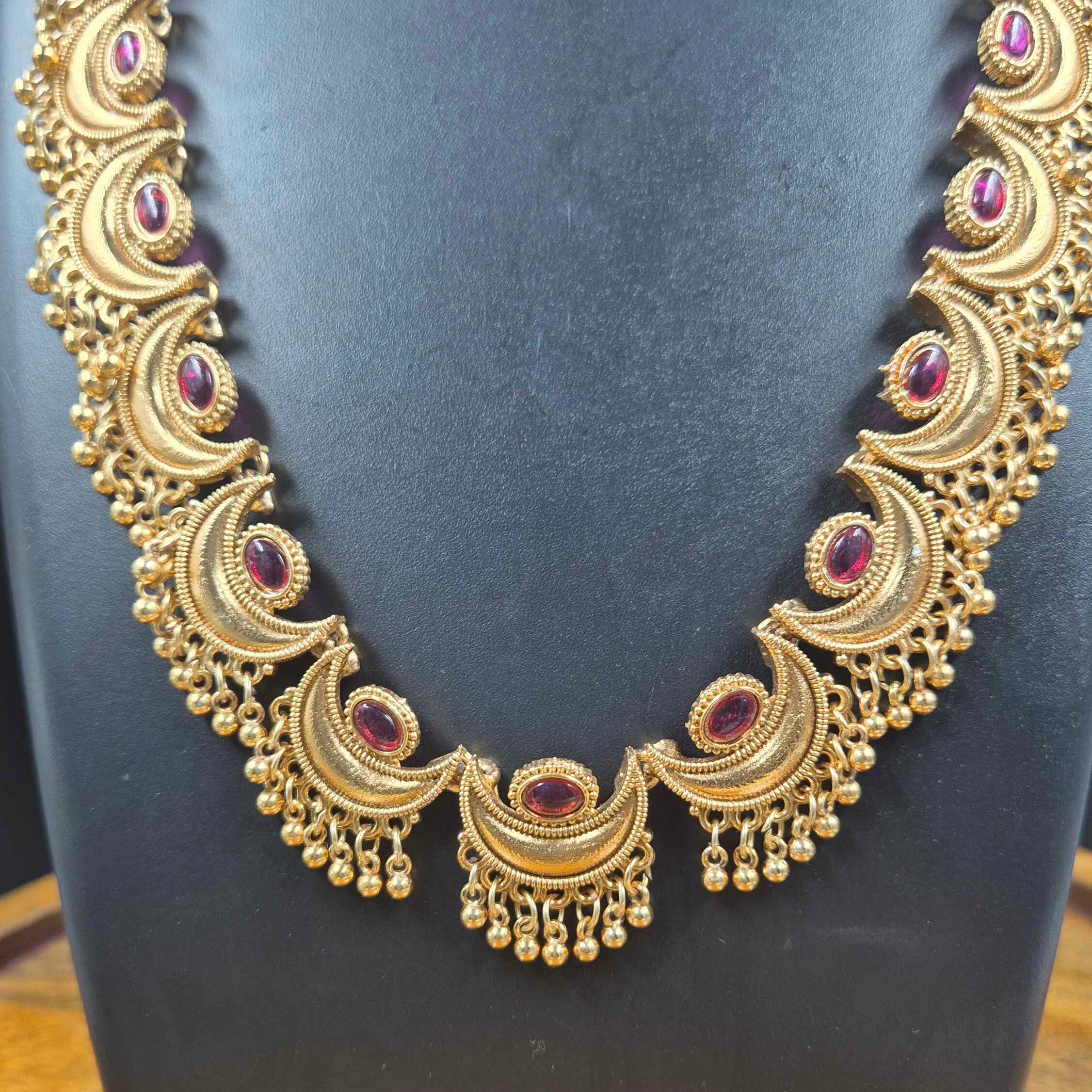 Antique Gold Finish Ruby Stone crescent moon Necklace Set with Matching Stud Earrings