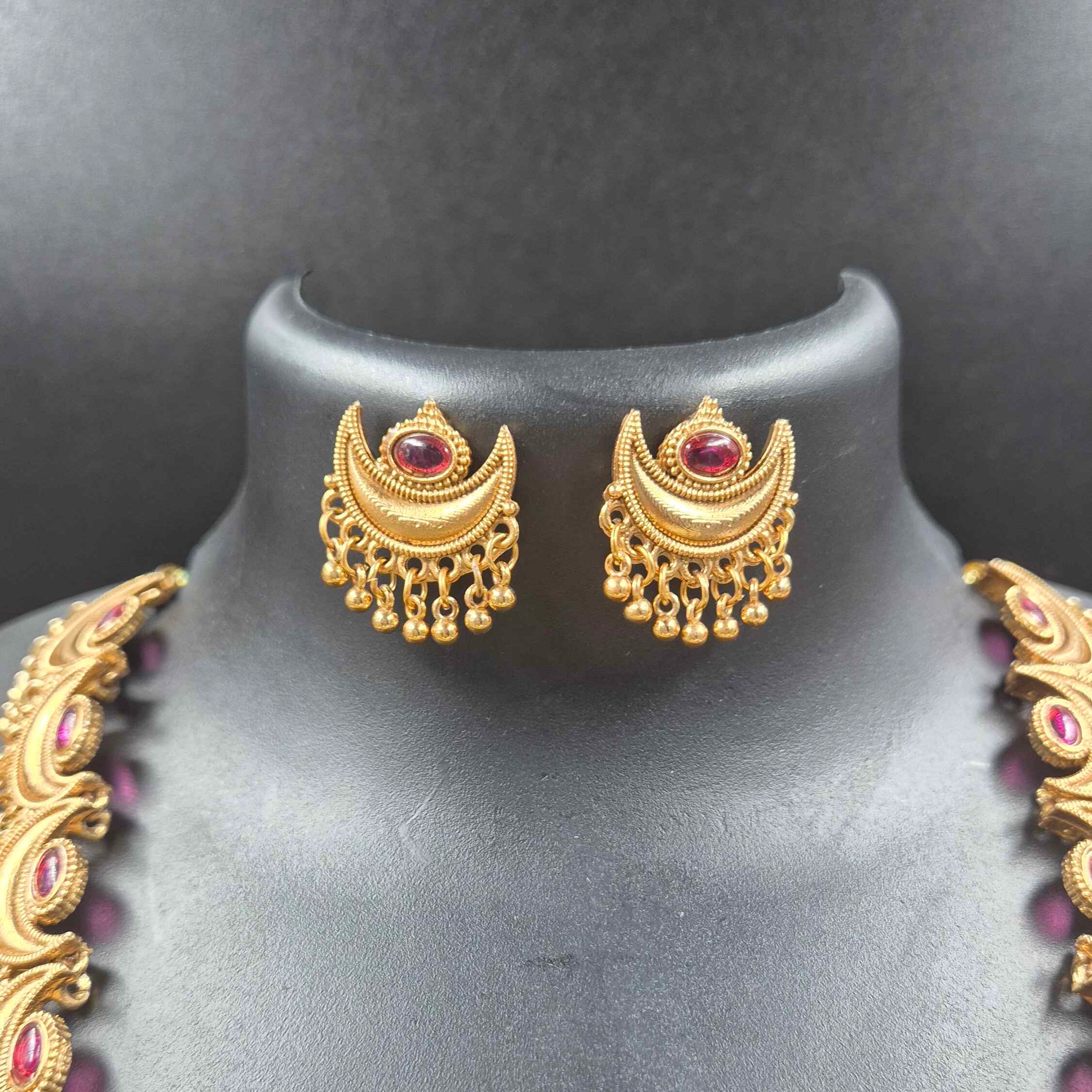 Antique Gold Finish Ruby Stone crescent moon Necklace Set with Matching Stud Earrings