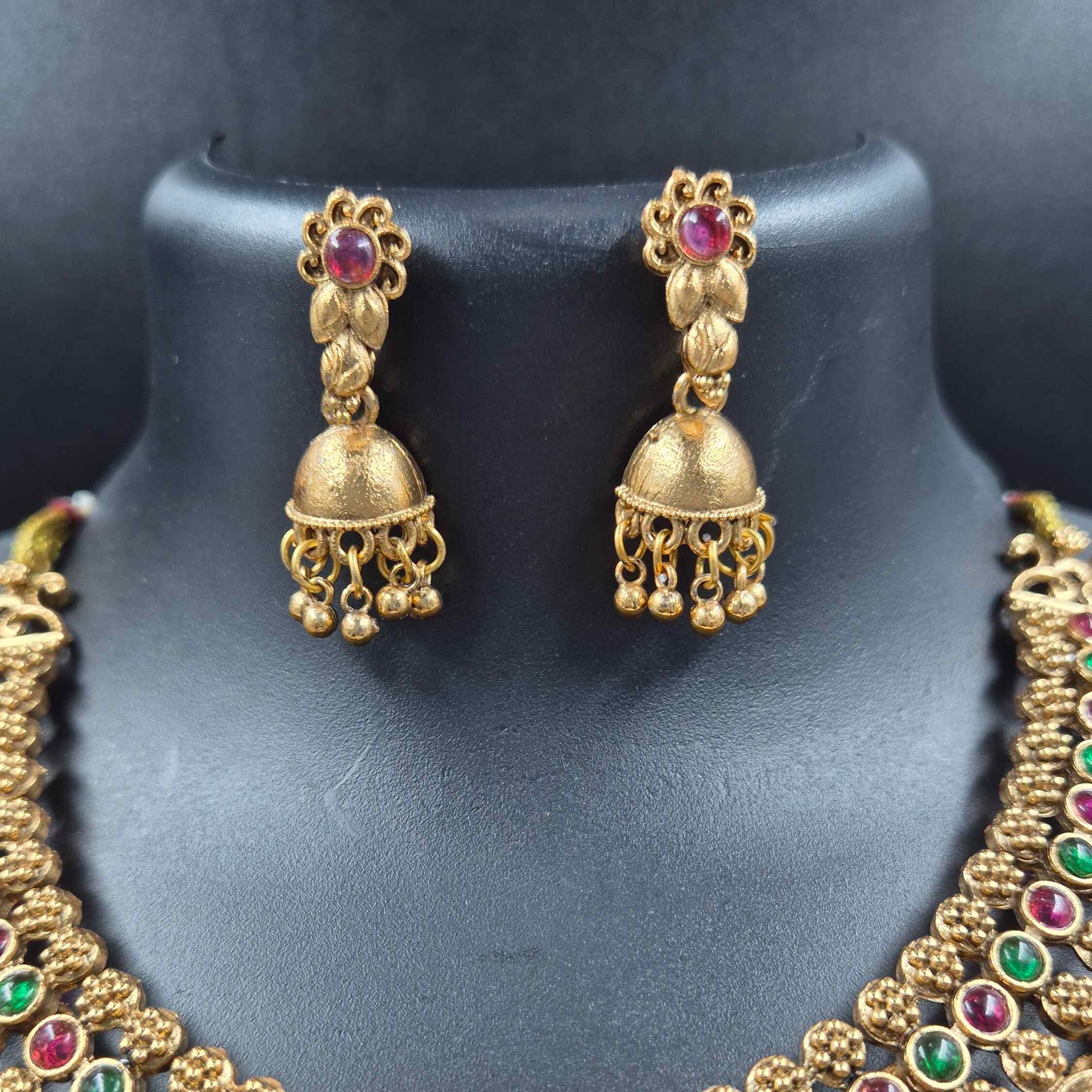 Antique Finish Jhumka Choker Necklace Set with Red & Green Stone Detailing
