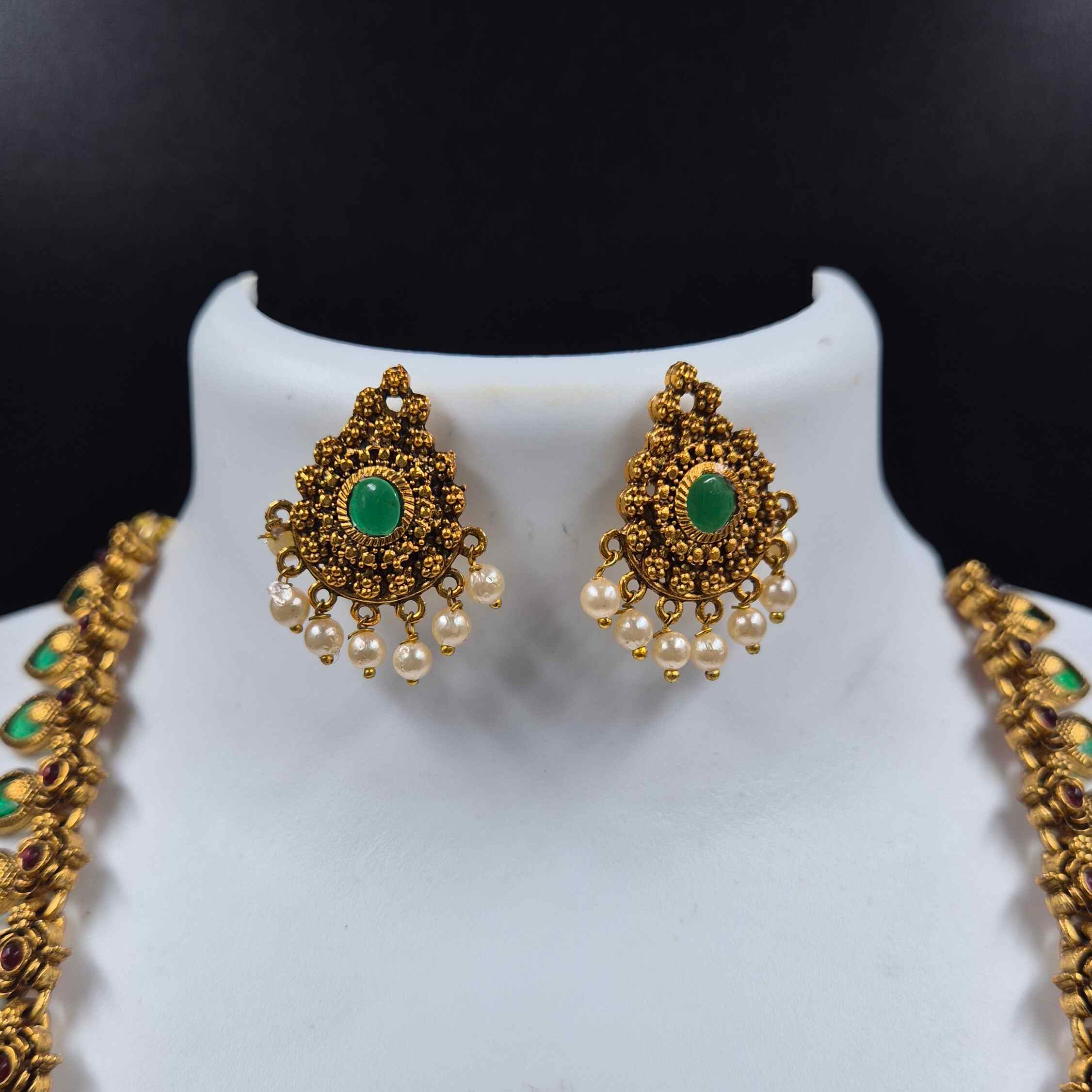 Traditional Long palakka haram with Green Teardrop Motif palaka and Pearl Drops