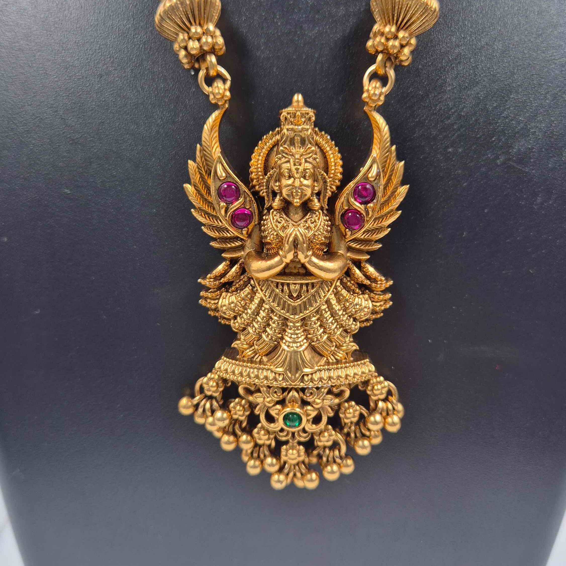 Antique Temple Pendant Necklace Set with Garudalvar Motif and Jhumka Earrings