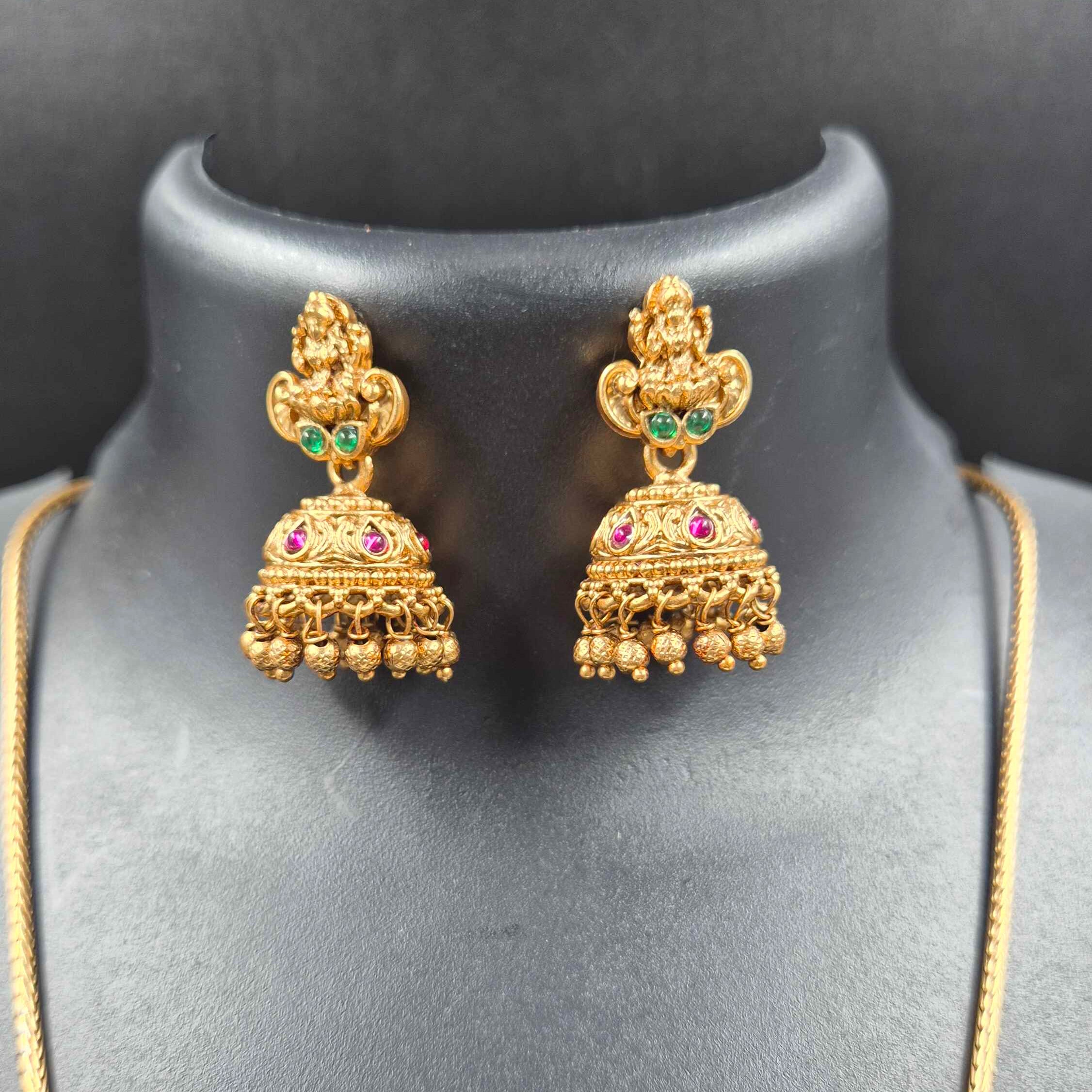 Antique Temple Pendant Necklace Set with Garudalvar Motif and Jhumka Earrings
